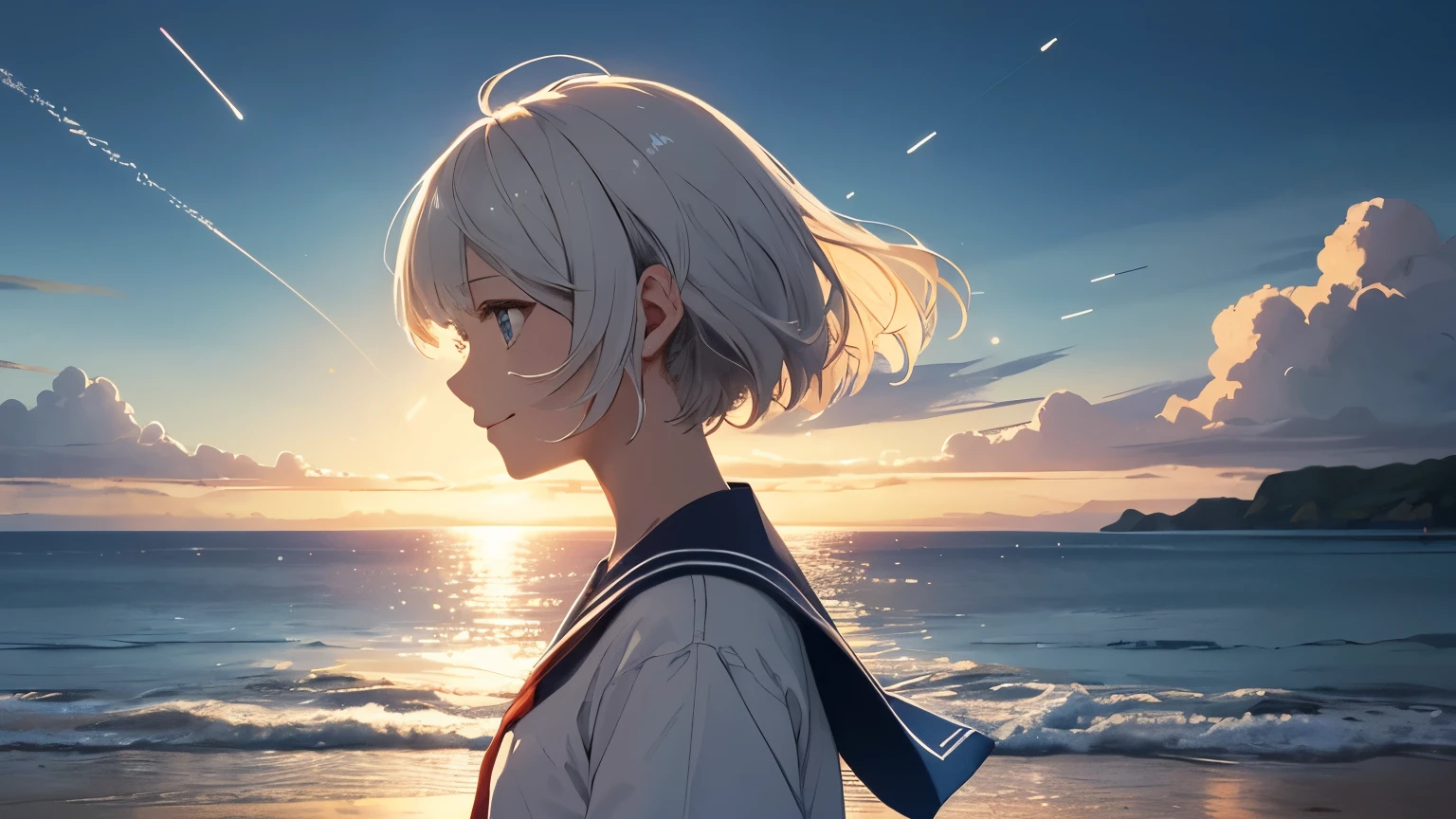 (highest quality:1.5)、(super detailed:1.5)、(highest qualityの写真:1.5)、Don't、character、girl、delicate、pure white hair、bob hair、white skin、Beautiful blue eyes、sailor suit、short sleeve、navy blue collar、starry collar、very cute、beautiful sea、horizon、summer sky、evening、evening sky、calm sea、blue sea、faint starry sky、alone、Staring at the horizon、radiant smile、It's just sunny for you、Gazing at the sky、profile、Dry clouds、