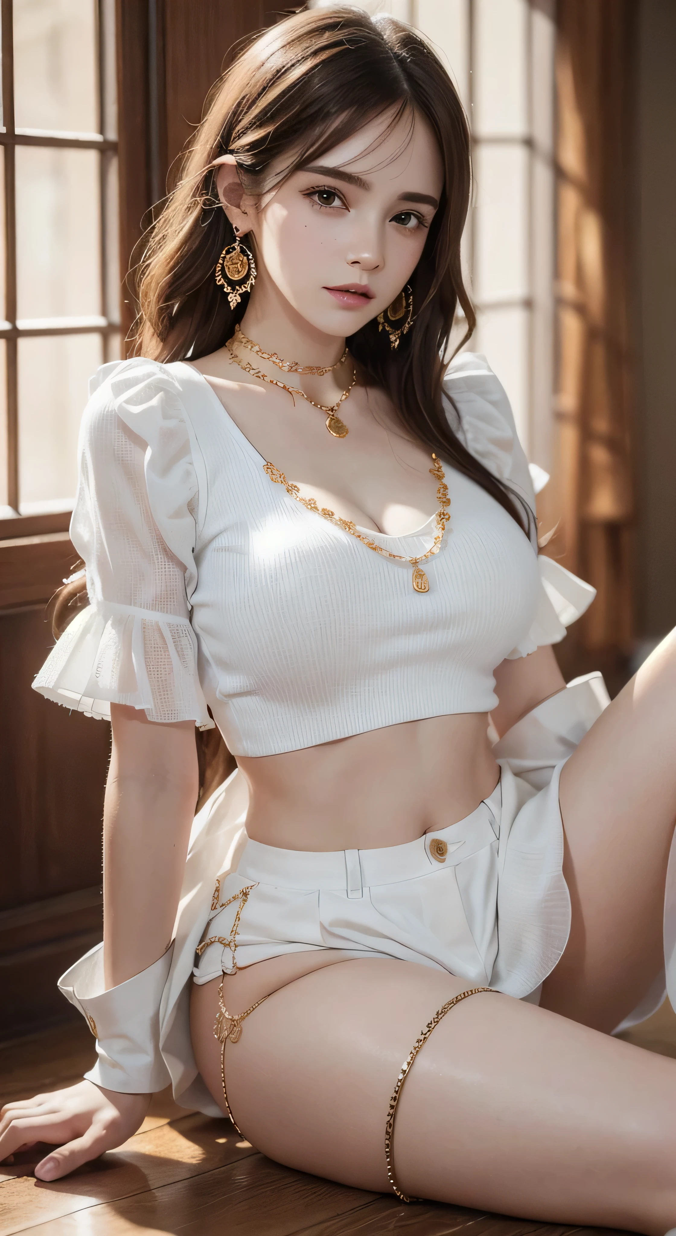 Full body beautiful Emma Watson young woman super high portrait , (highest quality, 8K, 32k, ultra highMasterpiece, UHD:1.2), 1 girl, (huge breasts:1.2), Super hyper perfect body), (White Transparent Hyper Short Mini Shirt :1.2), Ultra-high detailed face, Ultra-detailed lips, super high detailed eyes, double eyelid, (ultra highest realistic:1.3), ultra high resolution), (Ultra high realism photorealistic), (highest quality), (Super high realism), (Super high photorealistic:1.37), (Super whitening skin), (super high perfect beautiful) (medium hair),(ultra high detailed legs), visible stomach, (1 female), wearing transparent elegant blouse with puffy sleeves,wearing white transparent hyper short mini shirt、shy smile,((gold necklace_Large earrings:1.2)),