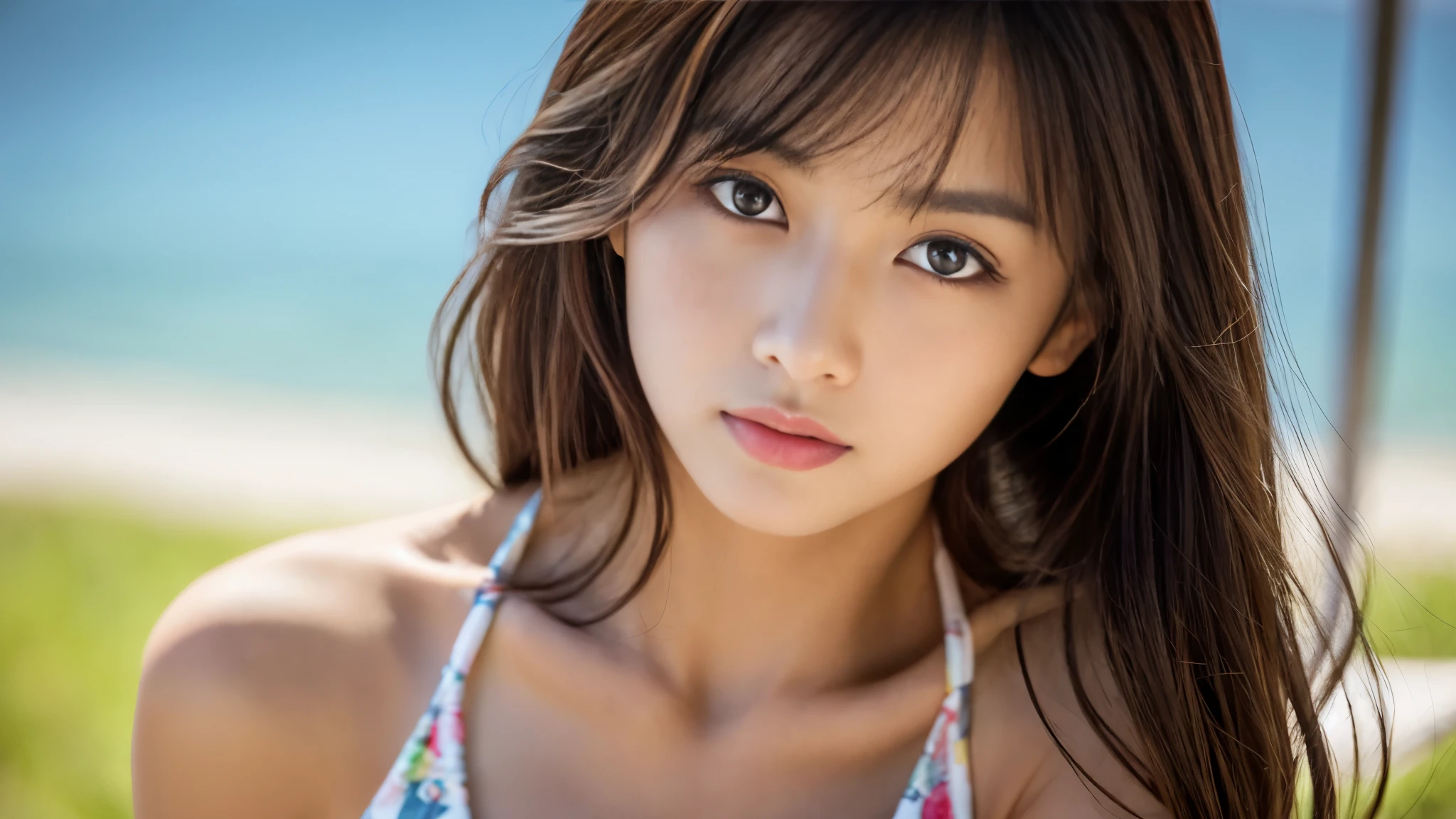 (((masterpiece))), highest quality, very detailed, detailed background, very beautiful girl, Japanese, 12, detailed face, bangs, (whole body:1.3), (random hairstyle :1.2), (young face), (perfect body:1.1), blouse, summer, In 8K, wallpaper, wonderful, finely, Super detailed, ultra high resolution, very detailed, pure erotic face, very detailed目と顔, beautiful and detailed eyes, very detailed肌, ((bold bikini)), no makeup, (natural skin), cowboy shot、16歳のbeautiful girl、beautiful girl、1 person photo、1人のbeautiful girl、1 person photo、Photo of only one person、Photographed alone、Photo up to the chest、Photo showing up to the chest、I can see the cleavage、tits