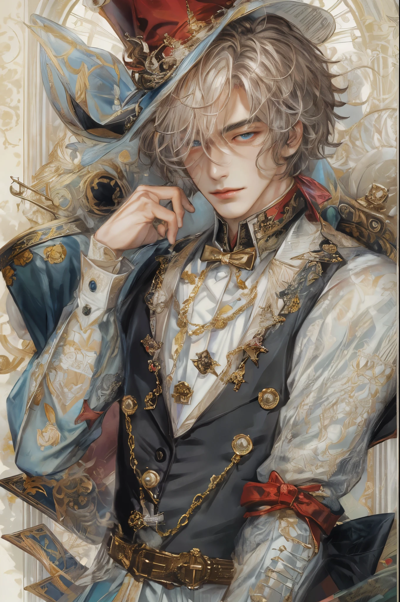 (absurdres, highres, ultra detailed, HDR), masterpiece, intricate, best quality, portrait of a handsome villain from alice in wonderland, the queen of hearts male version , short hair, korean face, anime eyes, Victorian prince outfit detailed interiors victorian style, detailed character, art kenouji 