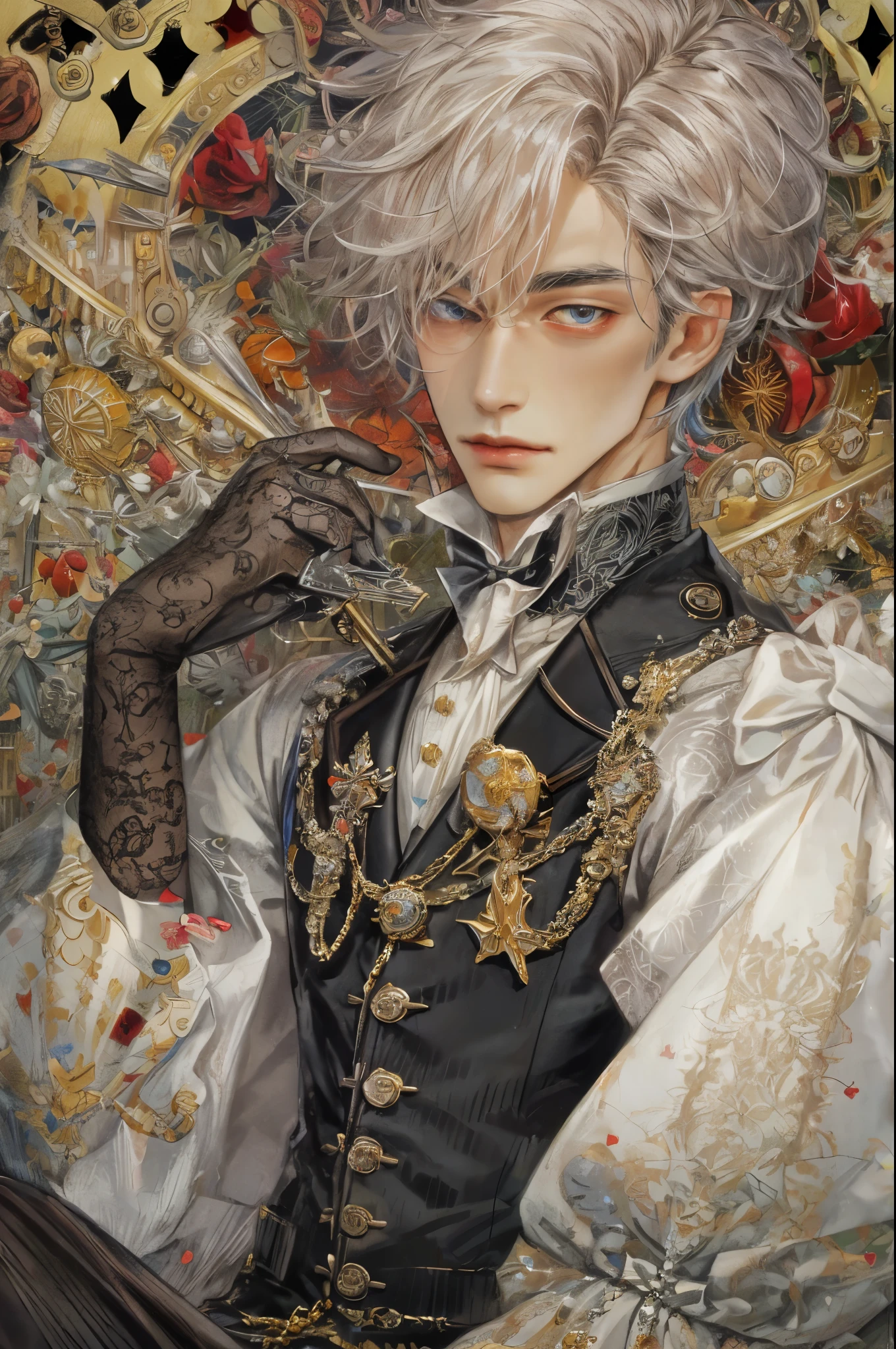 (absurdres, highres, ultra detailed, HDR), masterpiece, intricate, best quality, portrait of a handsome villain from alice in wonderland, the queen of hearts male version , short hair, korean face, anime eyes, Victorian prince outfit detailed interiors victorian style, detailed character, art kenouji