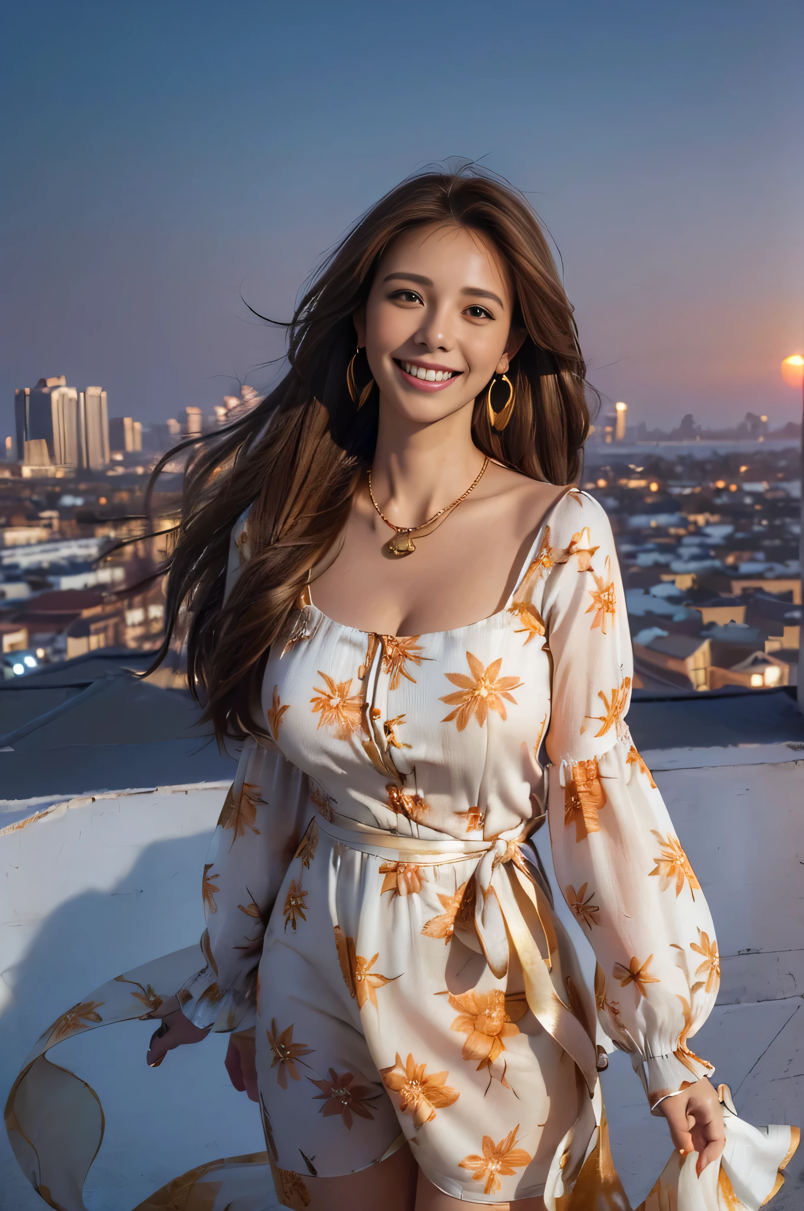 ((beautiful girl:1.3))((fancy orange and white printed dress:1.3))、((Floral blouse、Blouse with ribbon:1.3))、 (((smile:1.2)) ((big breasts:1.2)) () ((close:1.3)) highest quality,masterpiece,ultra high resolution,(realistic:1.4),Raw photo,(real skin texture:1.3),(film grain:1.3),panorama,character portrait,very wide shot,tight waist,cowboy shot,(in the dark, deep shadow, private key, cold light,) night,(()),flowing tears,,dust,Tyndall effect,(performance),,Beautifully detailed eyes and face,white jabot,brown eyes,((brown hair:1.2)) ((full body:1.3))(long straight hair_Hair reaching down to the waist:1.3))((shy smile:1.3)),((gold necklace_Larger earrings:1.2)),((standing on a windswept rooftop during sunset, overlooking a cityscape:1.3)),((Angle from directly above:1.1)),