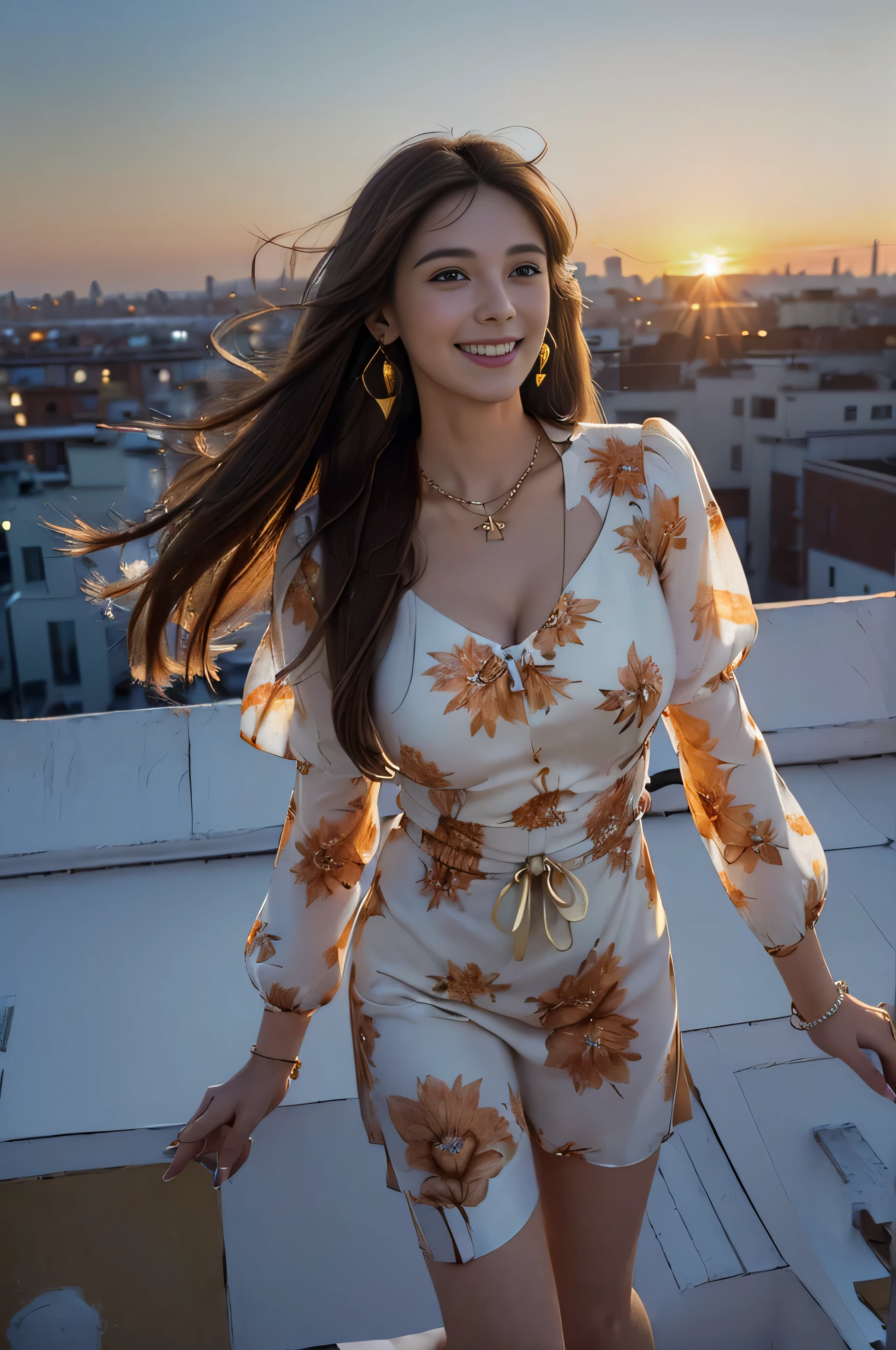((beautiful girl:1.3))((fancy orange and white printed dress:1.3))、((Floral blouse、Blouse with ribbon:1.3))、 (((smile:1.2)) ((big breasts:1.2)) () ((close:1.3)) highest quality,masterpiece,ultra high resolution,(realistic:1.4),Raw photo,(real skin texture:1.3),(film grain:1.3),panorama,character portrait,very wide shot,tight waist,cowboy shot,(in the dark, deep shadow, private key, cold light,) night,(()),flowing tears,,dust,Tyndall effect,(performance),,Beautifully detailed eyes and face,white jabot,brown eyes,((brown hair:1.2)) ((full body:1.3))(long straight hair_Hair reaching down to the waist:1.3))((shy smile:1.3)),((gold necklace_Larger earrings:1.2)),((standing on a windswept rooftop during sunset, overlooking a cityscape:1.3)),((Angle from directly above:1.1)),