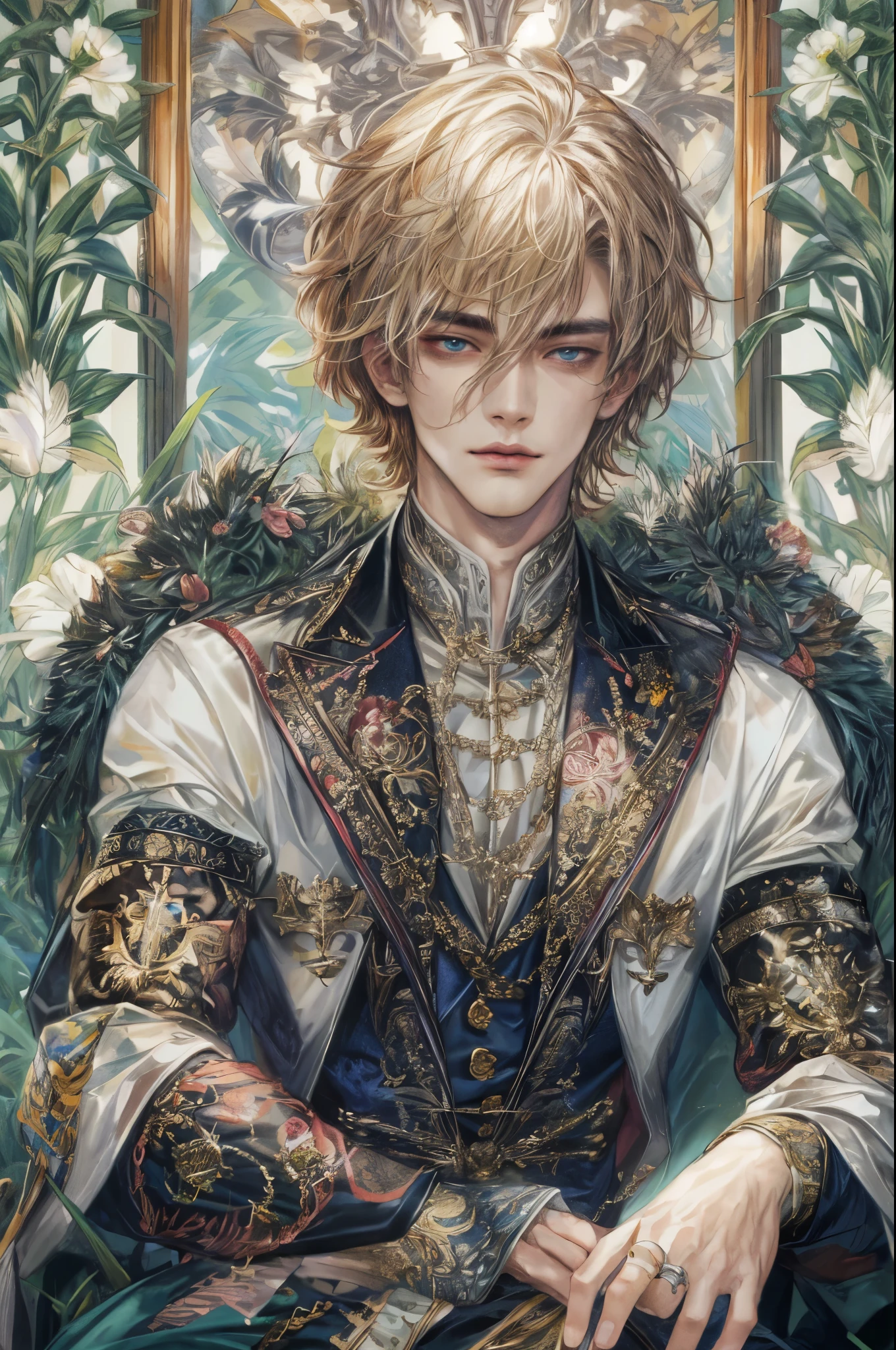 (absurdres, highres, ultra detailed, HDR), masterpiece, intricate, best quality, portrait of a handsome villain from alice in wonderland the clover queen male version, short hair, korean face, anime eyes, gothic Prince outfit detailed interiors medieval style, detailed character