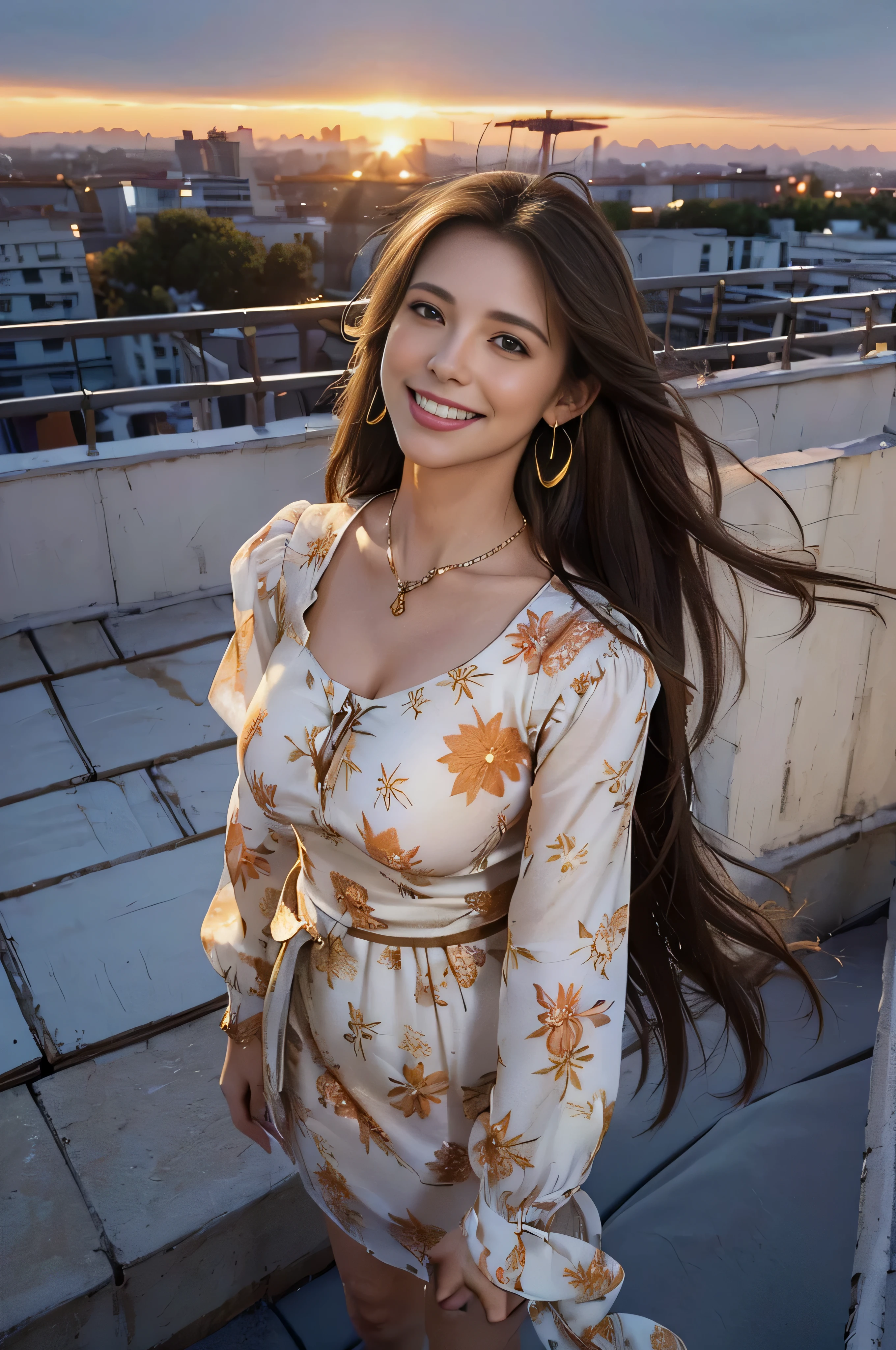 ((beautiful girl:1.3))((fancy orange and white printed dress:1.3))、((Floral blouse、Blouse with ribbon:1.3))、 (((smile:1.2)) ((big breasts:1.2)) () ((close:1.3)) highest quality,masterpiece,ultra high resolution,(realistic:1.4),Raw photo,(real skin texture:1.3),(film grain:1.3),panorama,character portrait,very wide shot,tight waist,cowboy shot,(in the dark, deep shadow, private key, cold light,) night,(()),flowing tears,,dust,Tyndall effect,(performance),,Beautifully detailed eyes and face,white jabot,brown eyes,((brown hair:1.2)) ((full body:1.3))(long straight hair_Hair reaching down to the waist:1.3))((shy smile:1.3)),((gold necklace_Larger earrings:1.2)),((standing on a windswept rooftop during sunset, overlooking a cityscape:1.3)),((Angle from directly above:1.1)),