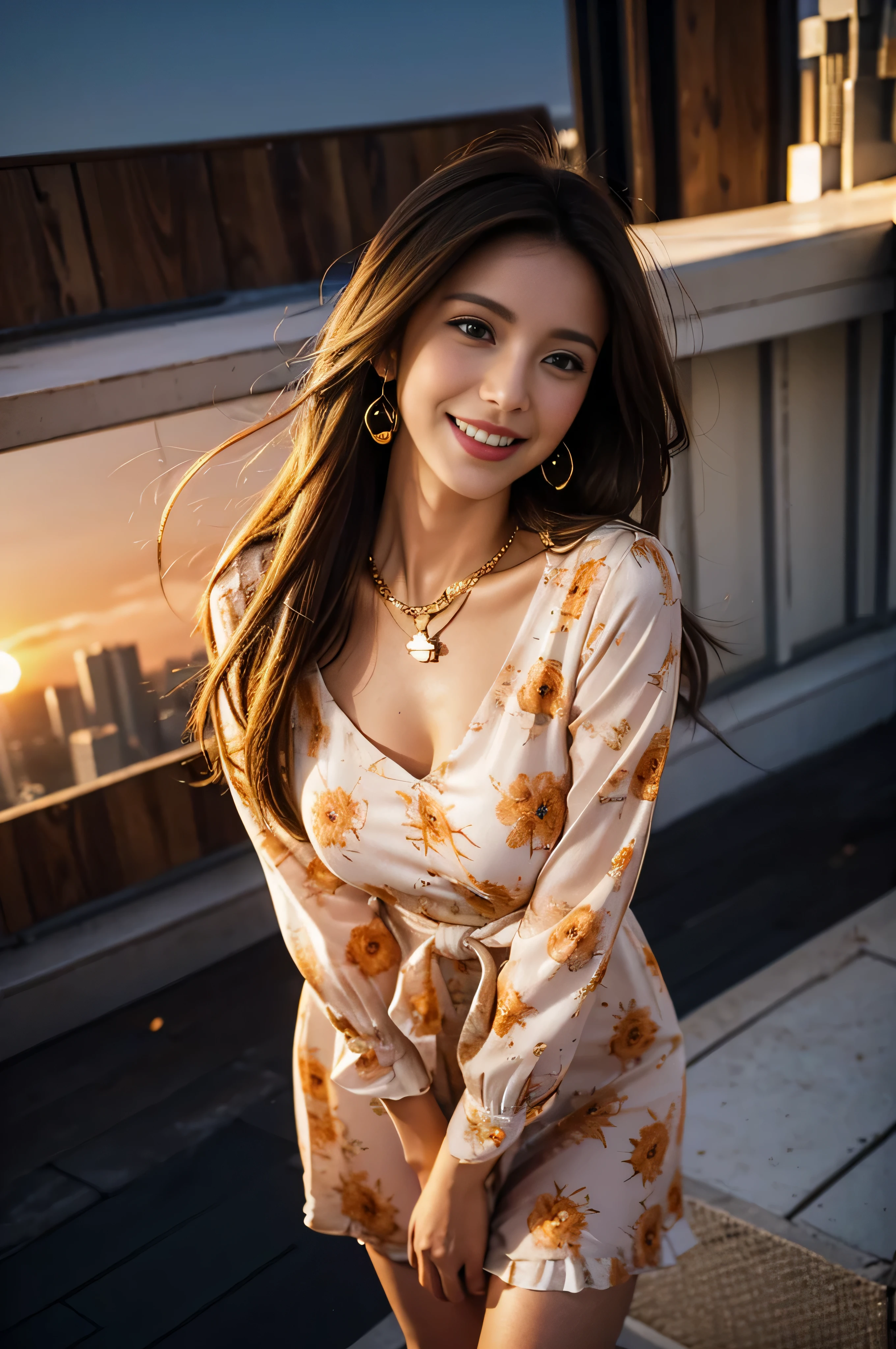 ((beautiful girl:1.3))((fancy orange and white printed dress:1.3))、((Floral blouse、Blouse with ribbon:1.3))、 (((smile:1.2)) ((big breasts:1.2)) () ((close:1.3)) highest quality,masterpiece,ultra high resolution,(realistic:1.4),Raw photo,(real skin texture:1.3),(film grain:1.3),panorama,character portrait,very wide shot,tight waist,cowboy shot,(in the dark, deep shadow, private key, cold light,) night,(()),flowing tears,,dust,Tyndall effect,(performance),,Beautifully detailed eyes and face,white jabot,brown eyes,((brown hair:1.2)) ((full body:1.3))(long straight hair_Hair reaching down to the waist:1.3))((shy smile:1.3)),((gold necklace＿Larger earrings:1.2)),((standing on a windswept rooftop during sunset, overlooking a cityscape:1.3)),((look down at the viewer,from below:1.5))