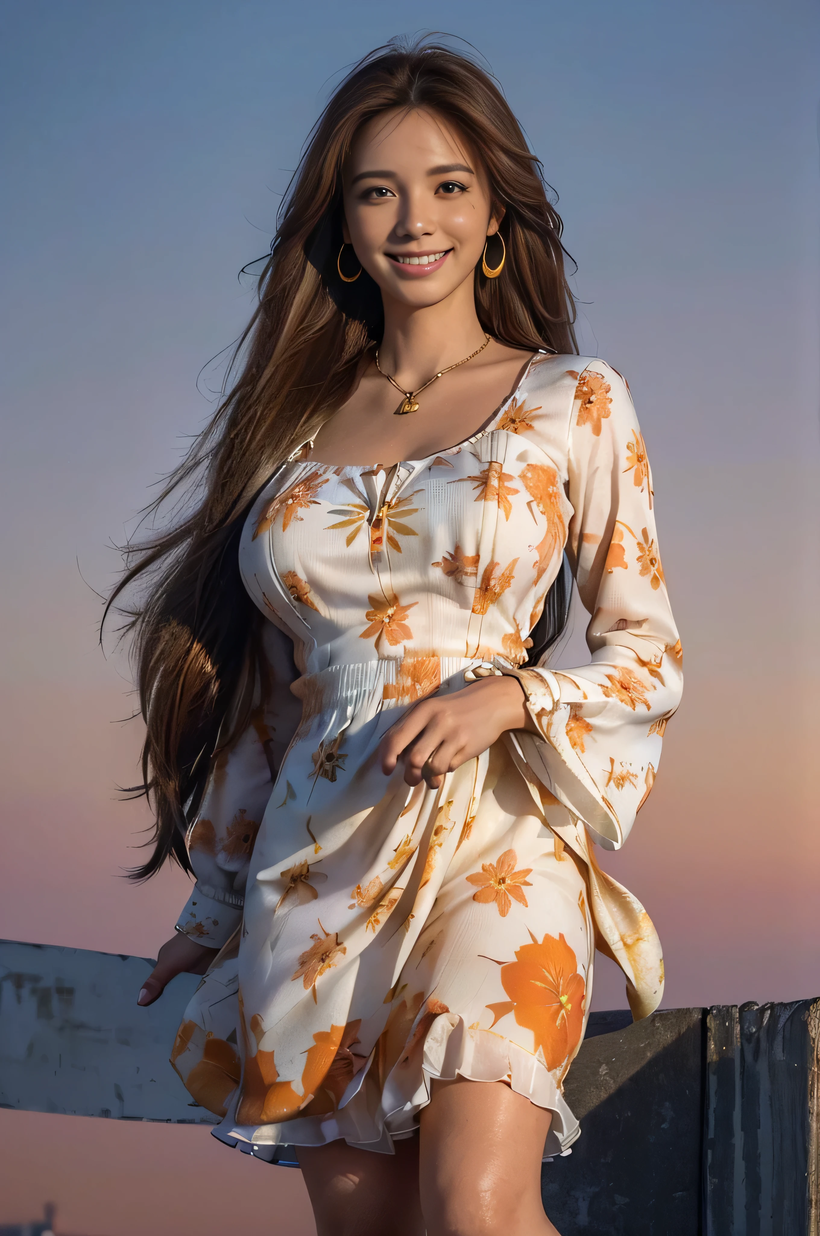 ((beautiful girl:1.3))((fancy orange and white printed dress:1.3))、((Floral blouse、Blouse with ribbon:1.3))、 (((smile:1.2)) ((big breasts:1.2)) () ((close:1.3)) highest quality,masterpiece,ultra high resolution,(realistic:1.4),Raw photo,(real skin texture:1.3),(film grain:1.3),panorama,character portrait,very wide shot,tight waist,cowboy shot,(in the dark, deep shadow, private key, cold light,) night,(()),flowing tears,,dust,Tyndall effect,(performance),,Beautifully detailed eyes and face,white jabot,brown eyes,((brown hair:1.2)) ((full body:1.3))(long straight hair_Hair reaching down to the waist:1.3))((shy smile:1.3)),((gold necklace_Larger earrings:1.2)),((standing on a windswept rooftop during sunset, overlooking a cityscape:1.3)),((look down at the viewer,from below:1.5))