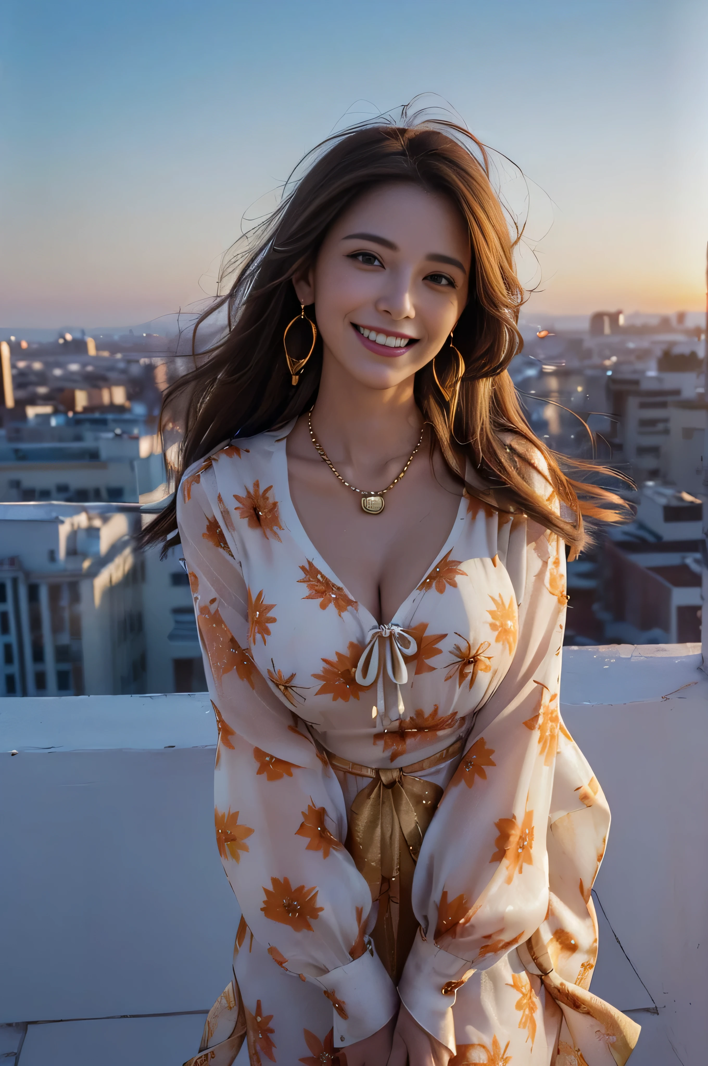 ((beautiful girl:1.3))((fancy orange and white printed dress:1.3))、((Floral blouse、Blouse with ribbon:1.3))、 (((smile:1.2)) ((big breasts:1.2)) () ((close:1.3)) highest quality,masterpiece,ultra high resolution,(realistic:1.4),Raw photo,(real skin texture:1.3),(film grain:1.3),panorama,character portrait,very wide shot,tight waist,cowboy shot,(in the dark, deep shadow, private key, cold light,) night,(()),flowing tears,,dust,Tyndall effect,(performance),,Beautifully detailed eyes and face,white jabot,brown eyes,((brown hair:1.2)) ((full body:1.3))(long straight hair_Hair reaching down to the waist:1.3))((shy smile:1.3)),((gold necklace＿Larger earrings:1.2)),((standing on a windswept rooftop during sunset, overlooking a cityscape:1.3)),((look down at the viewer,from below:1.5))