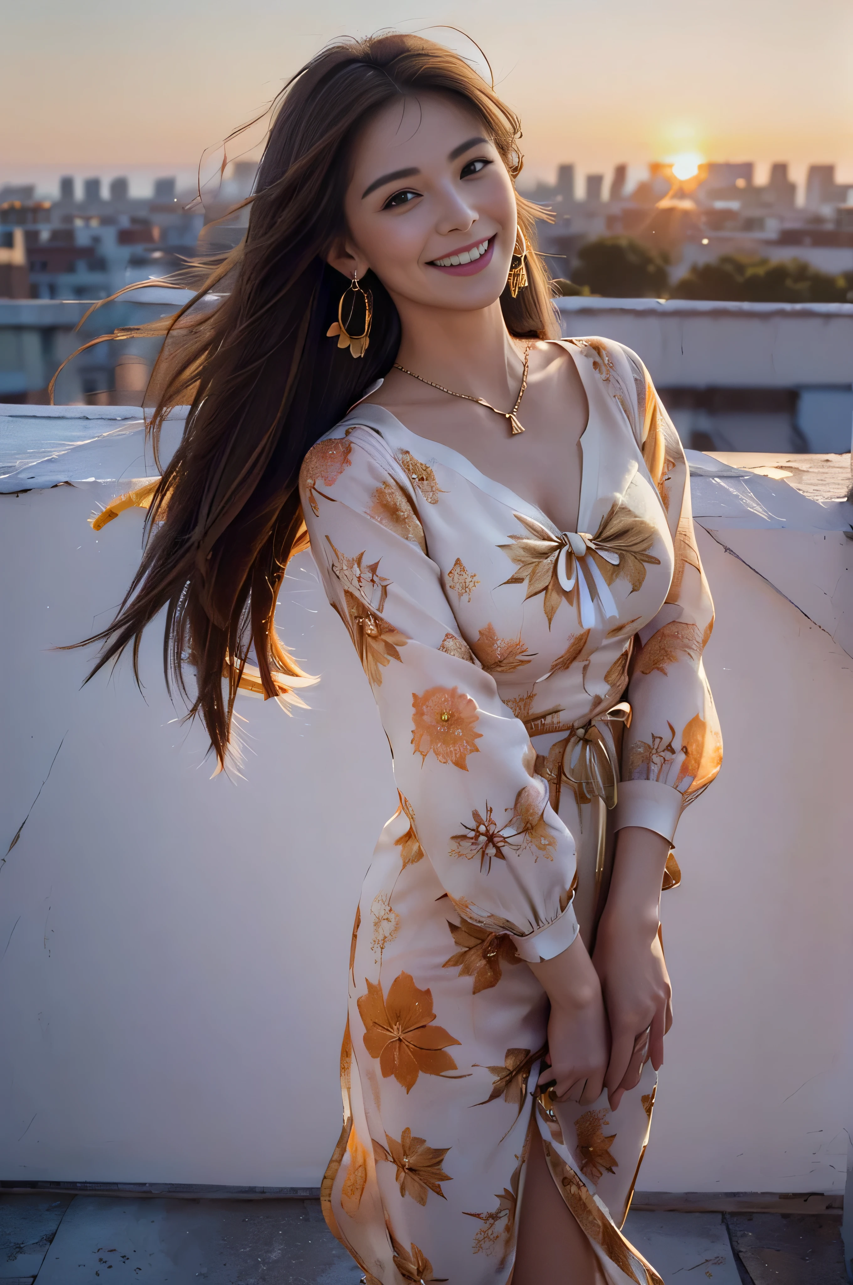 ((beautiful girl:1.3))((fancy orange and white printed dress:1.3))、((Floral blouse、Blouse with ribbon:1.3))、 (((smile:1.2)) ((big breasts:1.2)) () ((close:1.3)) highest quality,masterpiece,ultra high resolution,(realistic:1.4),Raw photo,(real skin texture:1.3),(film grain:1.3),panorama,character portrait,very wide shot,tight waist,cowboy shot,(in the dark, deep shadow, private key, cold light,) night,(()),flowing tears,,dust,Tyndall effect,(performance),,Beautifully detailed eyes and face,white jabot,brown eyes,((brown hair:1.2)) ((full body:1.3))(long straight hair_Hair reaching down to the waist:1.3))((shy smile:1.3)),((gold necklace_Larger earrings:1.2)),((standing on a windswept rooftop during sunset, overlooking a cityscape:1.3)),((look down at the viewer,from below:1.5))