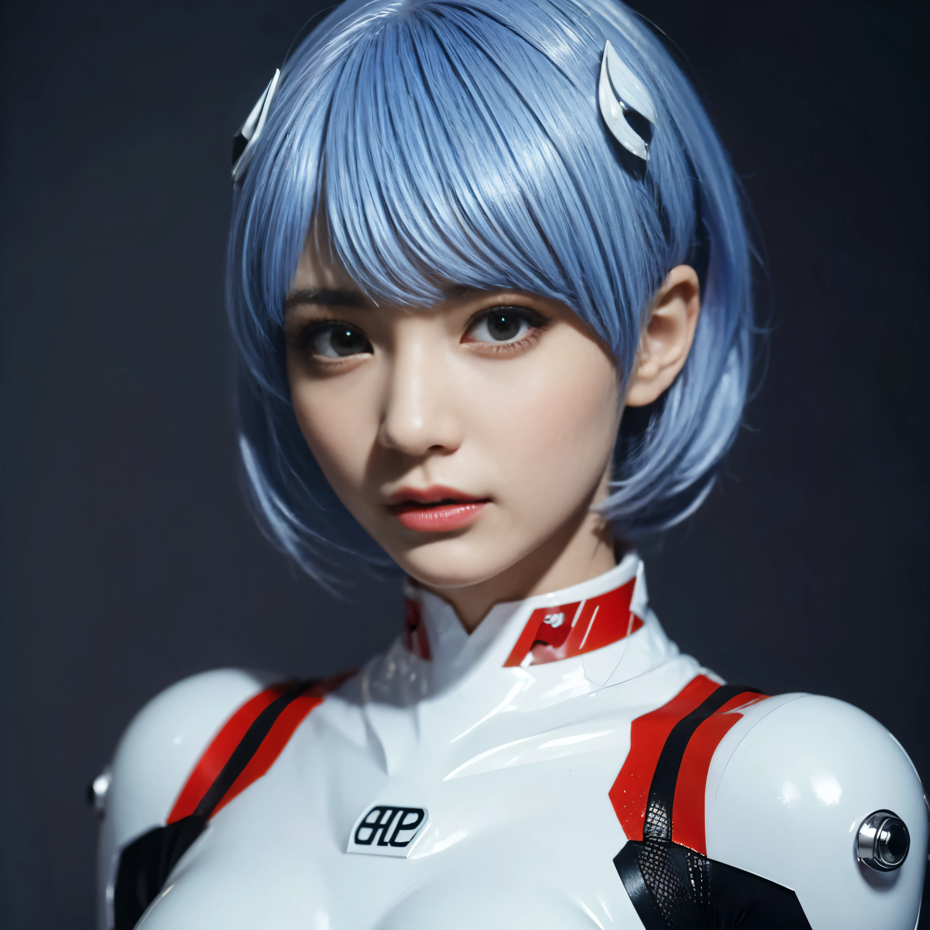 ayanami_rei,1girl,beautiful detailed eyes,beautiful detailed lips,extremely detailed eyes and face,longeyelashes (best quality,4k,8k,highres,masterpiece:1.2),ultra-detailed,(realistic,photorealistic,photo-realistic:1.37),white hair ornament,blue short hair,white bodysuit,vivid colors,portraits,studio lighting,sharp focus