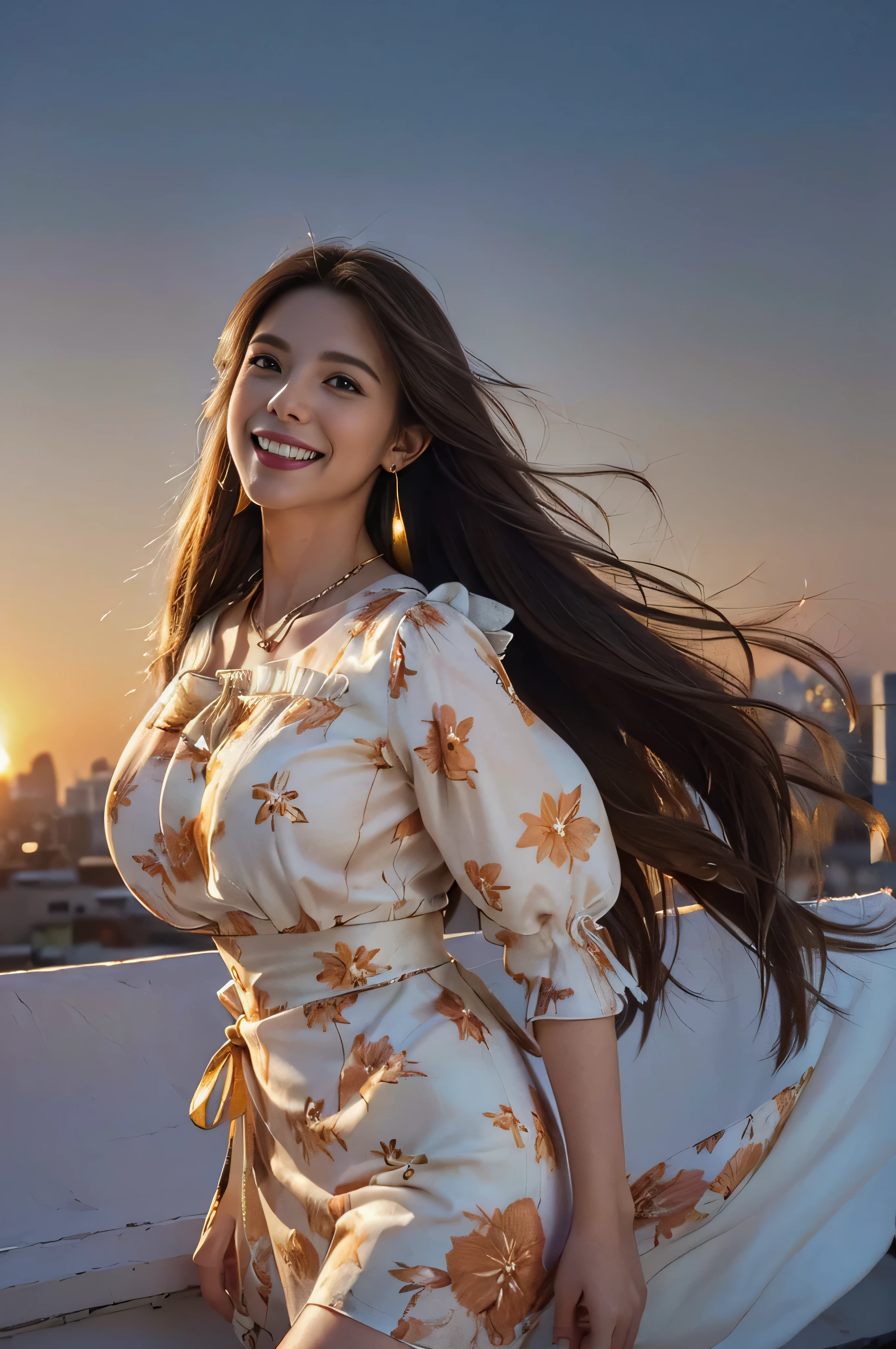 ((beautiful girl:1.3))((fancy orange and white printed dress:1.3))、((Floral blouse、Blouse with ribbon:1.3))、 (((smile:1.2)) ((big breasts:1.2)) () ((close:1.3)) highest quality,masterpiece,ultra high resolution,(realistic:1.4),Raw photo,(real skin texture:1.3),(film grain:1.3),panorama,character portrait,very wide shot,tight waist,cowboy shot,(in the dark, deep shadow, private key, cold light,) night,(()),flowing tears,,dust,Tyndall effect,(performance),,Beautifully detailed eyes and face,white jabot,brown eyes,((brown hair:1.2)) ((full body:1.3))(long straight hair_Hair reaching down to the waist:1.3))((shy smile:1.3)),((gold necklace＿Larger earrings:1.2)),((standing on a windswept rooftop during sunset, overlooking a cityscape:1.3)),mini skirt、