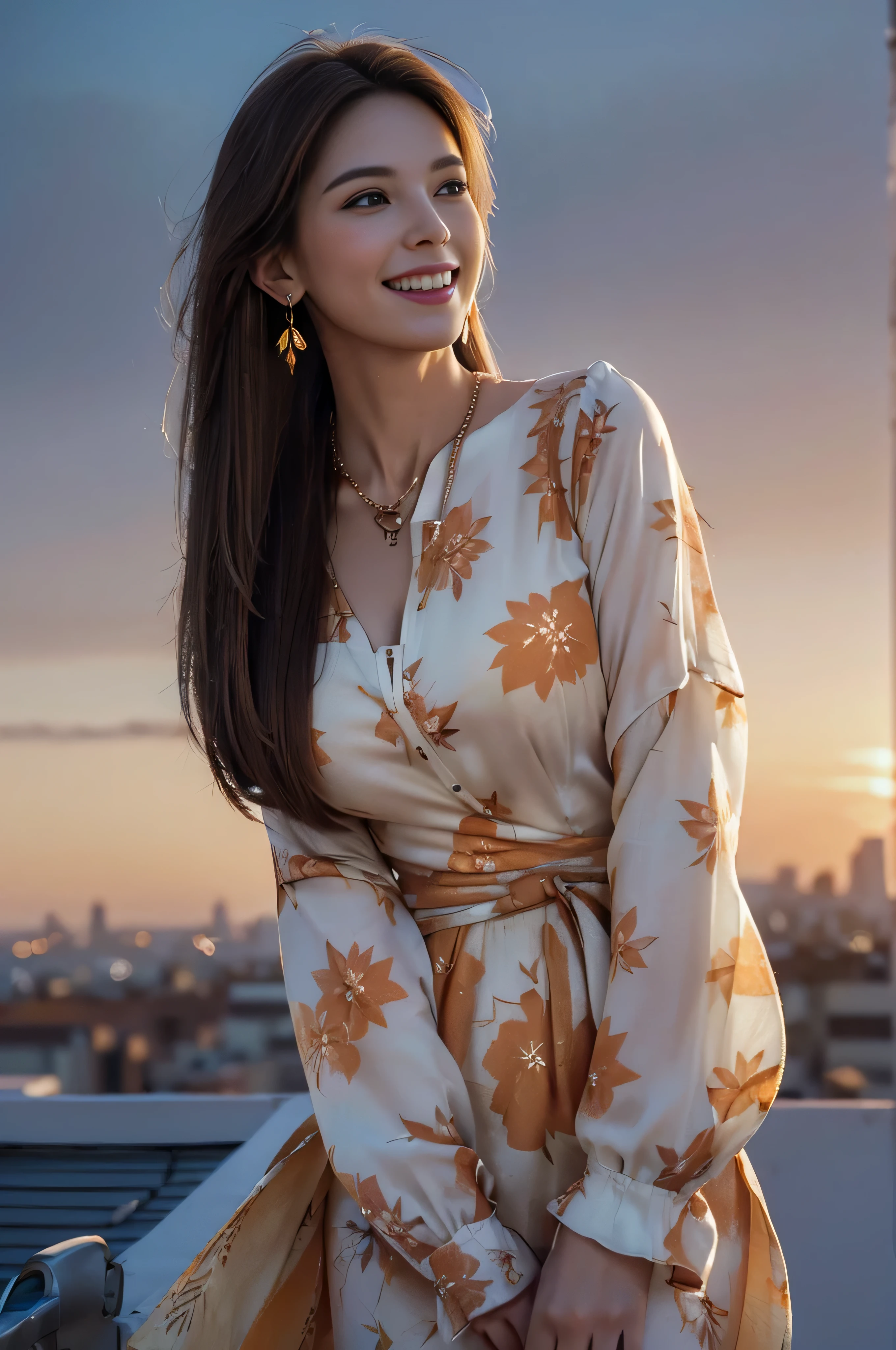 ((beautiful girl:1.3))((fancy orange and white printed dress:1.3))、((Floral blouse、Blouse with ribbon:1.3))、 (((smile:1.2)) ((big breasts:1.2)) () ((close:1.3)) highest quality,masterpiece,ultra high resolution,(realistic:1.4),Raw photo,(real skin texture:1.3),(film grain:1.3),panorama,character portrait,very wide shot,tight waist,cowboy shot,(in the dark, deep shadow, private key, cold light,) night,(()),flowing tears,,dust,Tyndall effect,(performance),,Beautifully detailed eyes and face,white jabot,brown eyes,((brown hair:1.2)) ((full body:1.3))(long straight hair_Hair reaching down to the waist:1.3))((shy smile:1.3)),((gold necklace＿Larger earrings:1.2)),((standing on a windswept rooftop during sunset, overlooking a cityscape:1.3)),mini skirt、