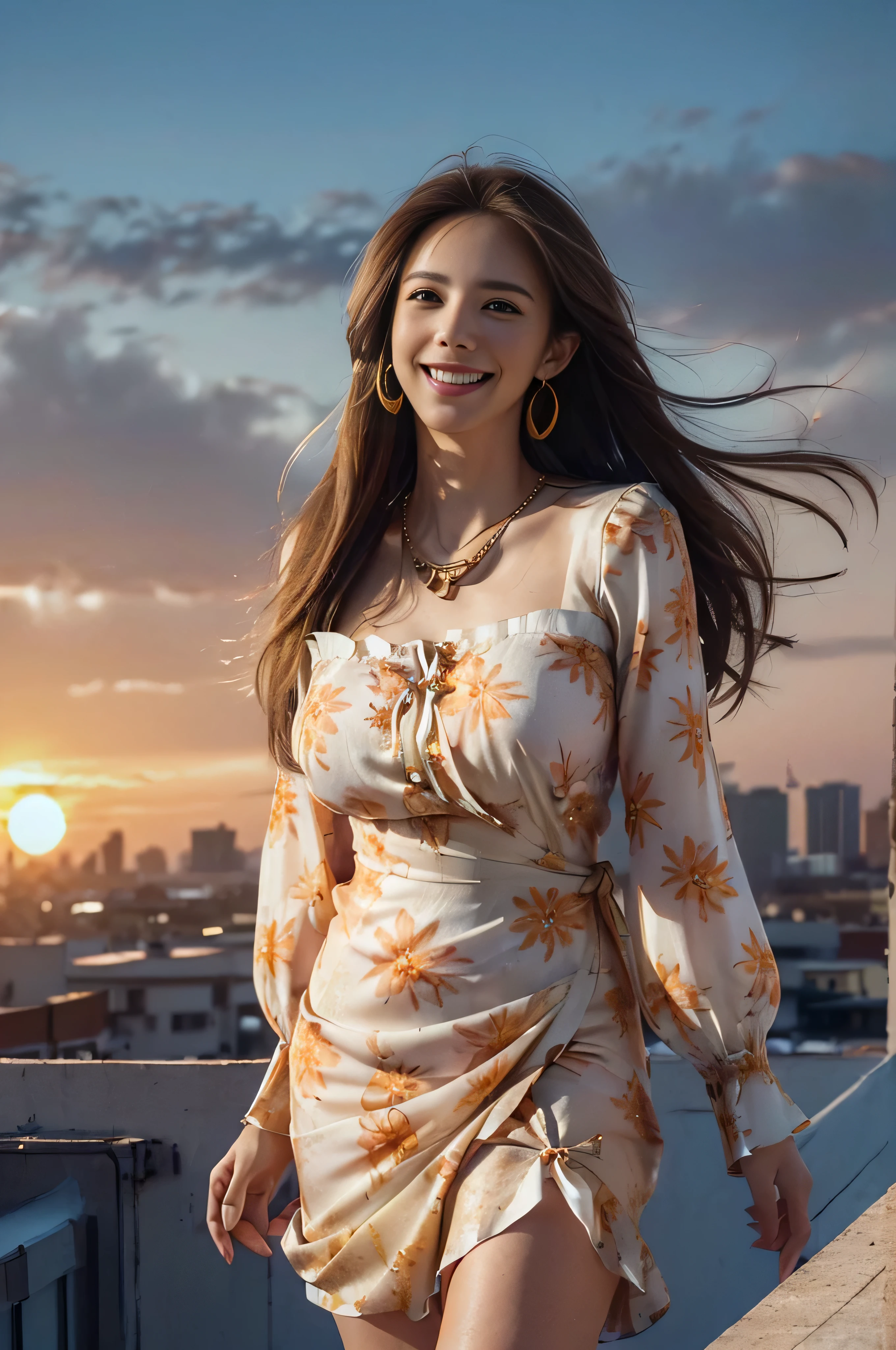 ((beautiful girl:1.3))((fancy orange and white printed dress:1.3))、((Floral blouse、Blouse with ribbon:1.3))、 (((smile:1.2)) ((big breasts:1.2)) () ((close:1.3)) highest quality,masterpiece,ultra high resolution,(realistic:1.4),Raw photo,(real skin texture:1.3),(film grain:1.3),panorama,character portrait,very wide shot,tight waist,cowboy shot,(in the dark, deep shadow, private key, cold light,) night,(()),flowing tears,,dust,Tyndall effect,(performance),,Beautifully detailed eyes and face,white jabot,brown eyes,((brown hair:1.2)) ((full body:1.3))(long straight hair_Hair reaching down to the waist:1.3))((shy smile:1.3)),((gold necklace_Larger earrings:1.2)),((standing on a windswept rooftop during sunset, overlooking a cityscape:1.3)),mini skirt、