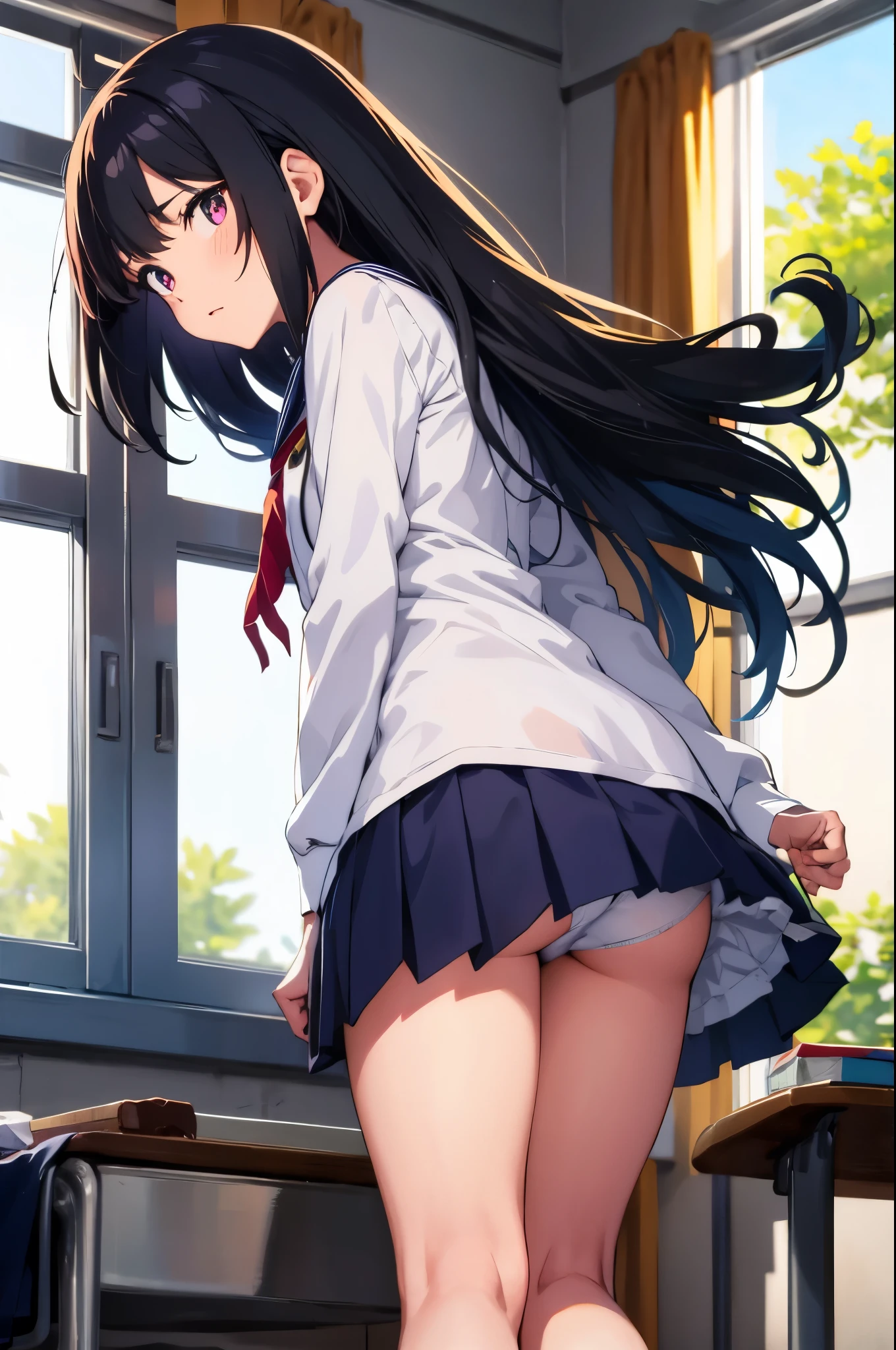 Evening school classroom Sunset shines through the window sunset Backlight elementary school girl 8-year-old flat chest black hair long hair eyes are purple embarrassed look ((1 person)) Upper half length sleeve white sailor uniform Lower body navy blue miniskirt((White panties are visible)) black socks sneakers standing by the window spread your legs a little I can see white panties dynamic angle upper body center Low angle from the front