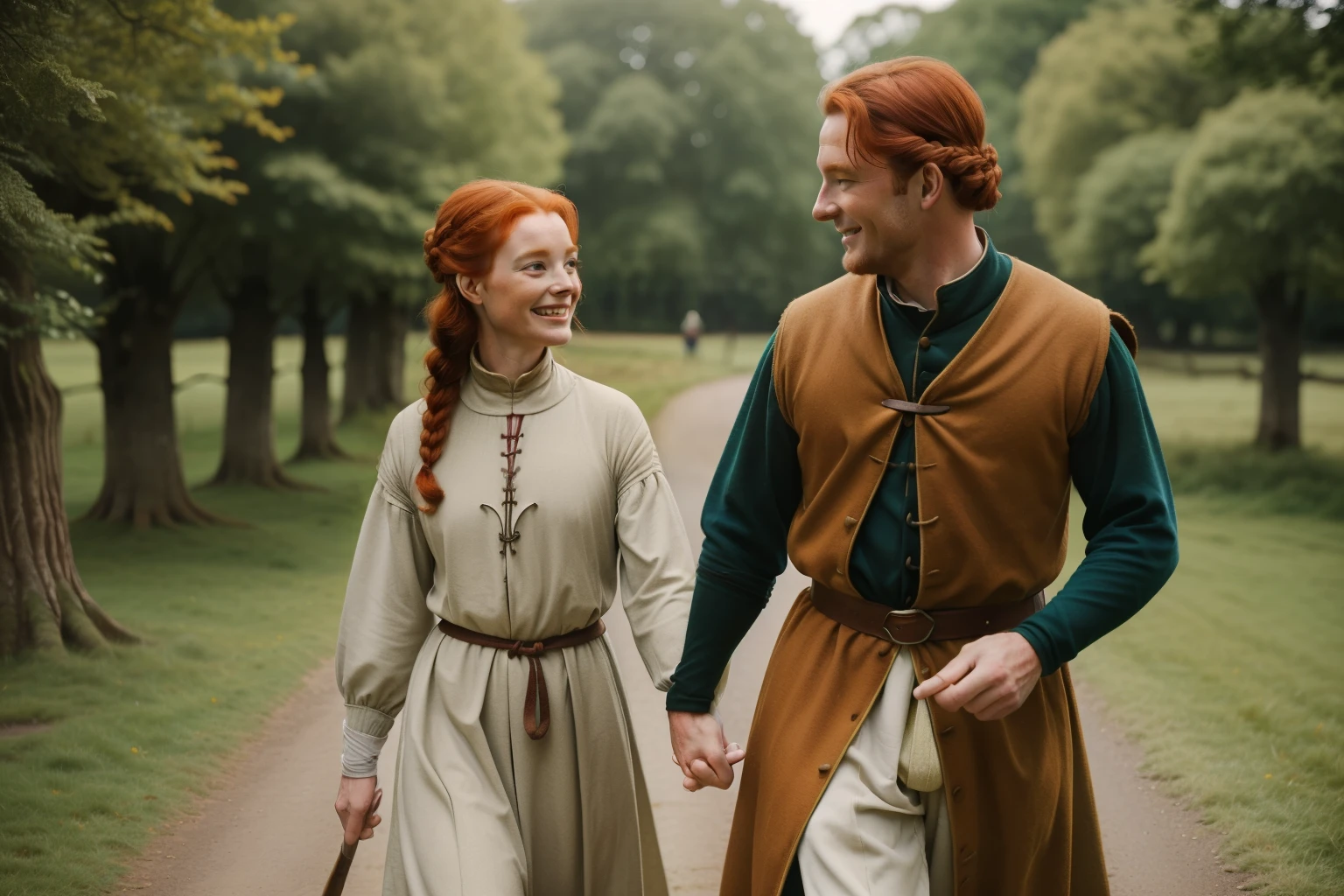 England, 1361. ((Wide shot)), ((((45-year-old)) Merthin Fitzgerald)), handsome, athletic, on a walk with his wife, ((Caris Wooler)), holding hands, smile. ((((clothings from the 1360s)))), ((redhead hairstyle of the 1360s))