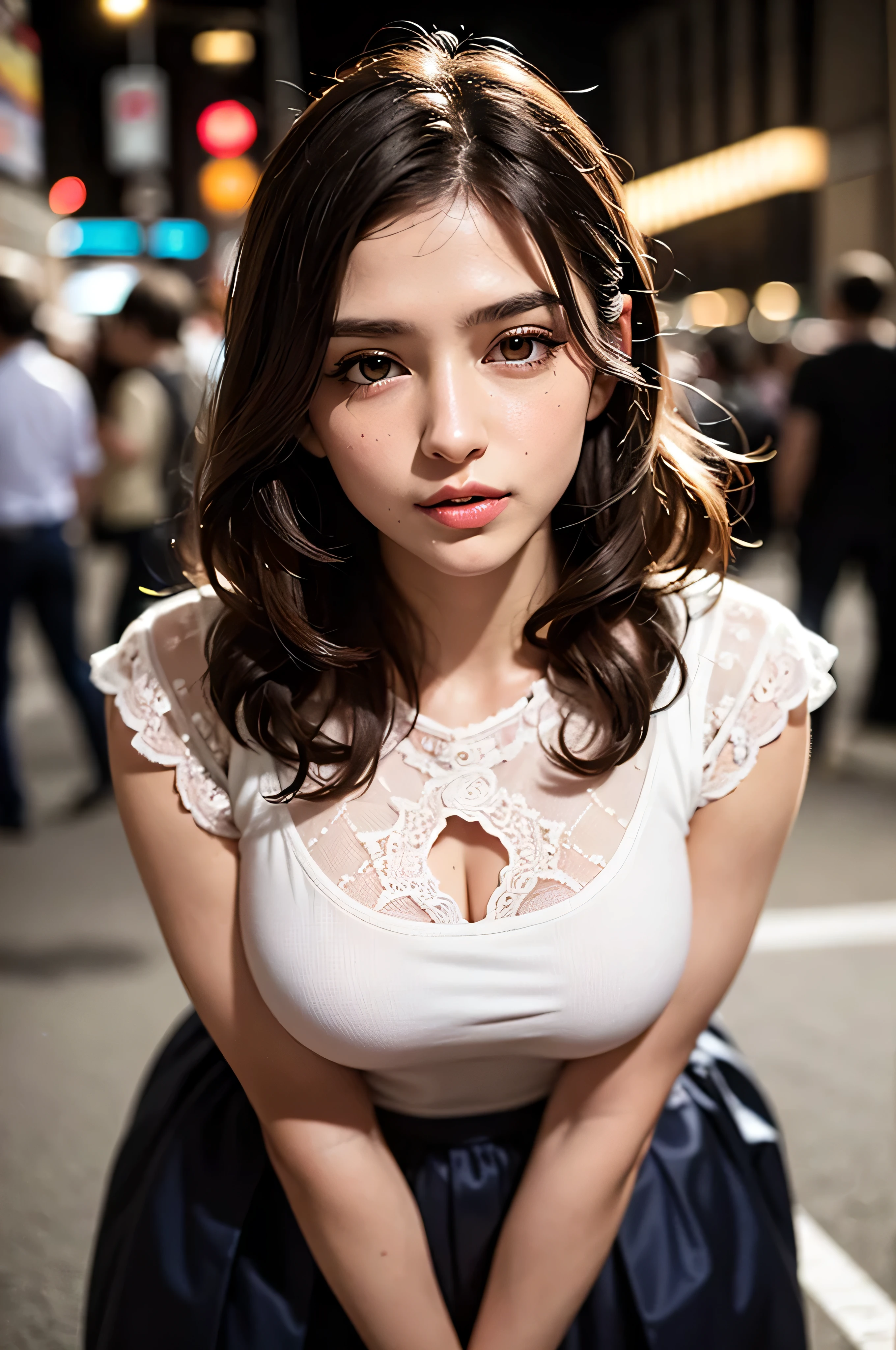 (1 woman:1.1)、Beautiful Japan adult woman、((best qualtiy, 8K, tmasterpiece:1.3))、((realisitic:1.5))、((sense of reality:1.5))、Perfect litthing、Perfect figure beautiful woman:1.4、((Layered Hair Style、ample breasts:1.2))、(Long light beige shirt:1.2)、(Street:1.2)、Highly detailed facial and skin texture、glowy skin、A detailed eye、二重まぶた、(The front of the shirt is open:1.1)、(breast cleavage exposed:1.1)、(small and beatiful :1.3)、see the beholder、Upshot