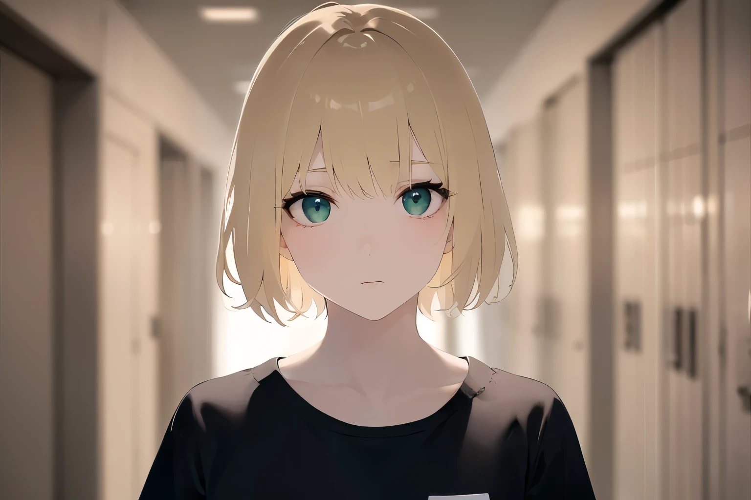 cute, Upper Body, Realistic, real person, (pale skin: 1.2), RAW photo, photorealistic, portrait photography, shiny skin, japanese idol、shiny hair、japanese, (25 year old man with blonde bangs) and (green eyes) and (very short hair:1.5), wearing a white T-shirt、No expression、Background is a school hallway、Alone