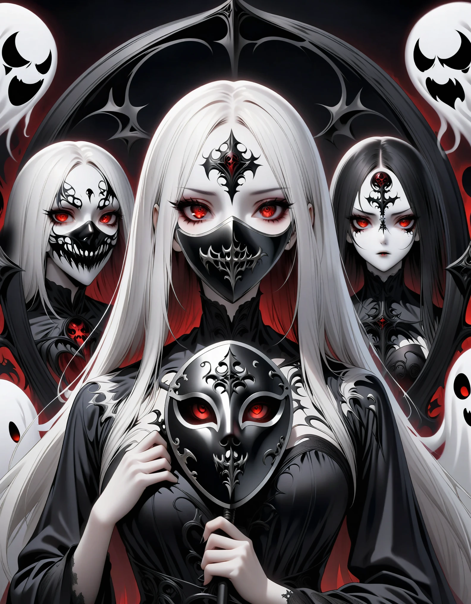 Dark art，Two dimensions，cartoon，（Hand holding metal mask：1.5），（White-haired ghost，straight hair，Red eyes），（gothic art），（Fear：1.5），（correct human anatomy：1.37）