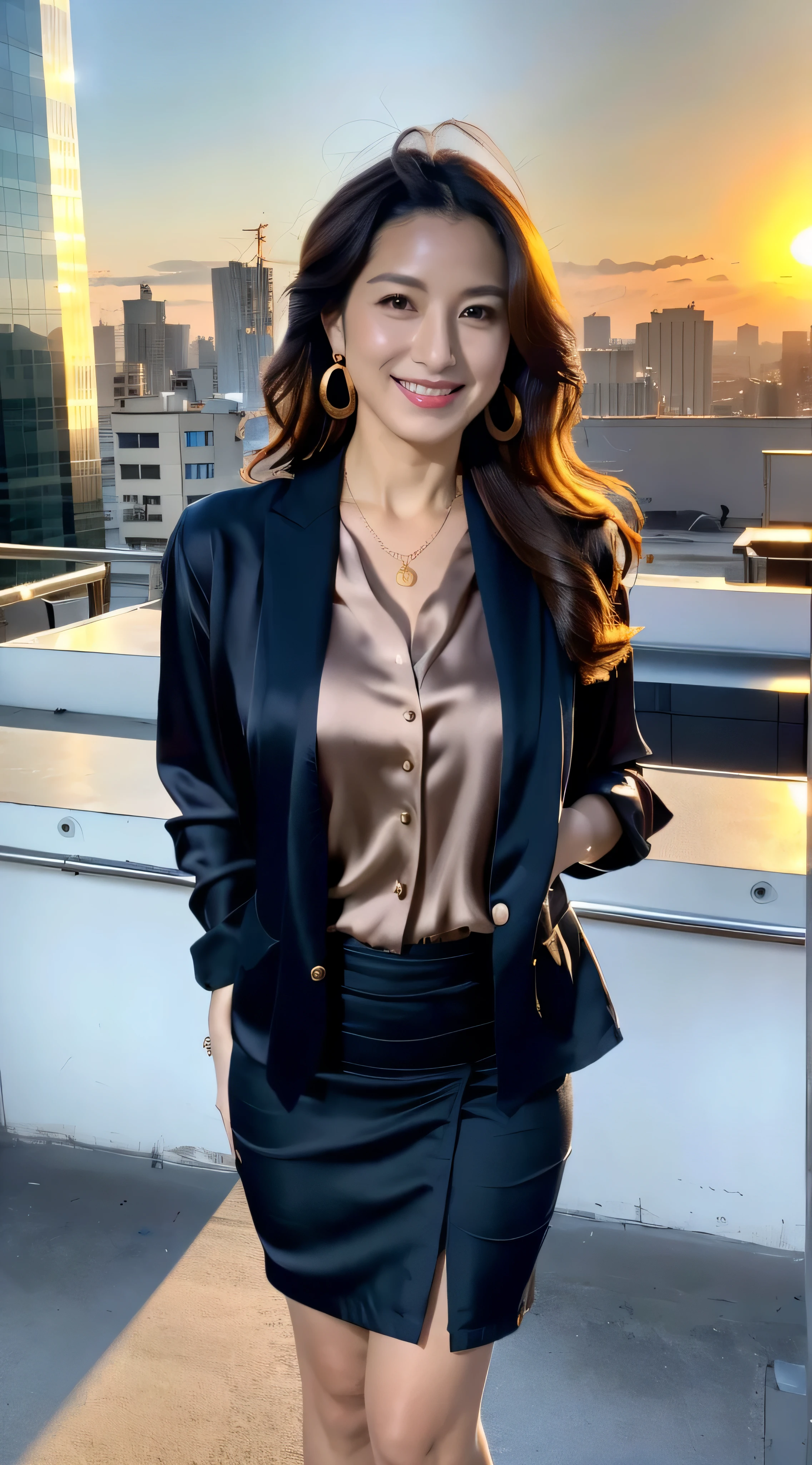 Ulchan-6500-v1.1, (Raw photo:1.2), (Photoreal), beautiful, (genuine: 1.4), very detailedな目と顔, beautiful and fine eyes, standing in the office、huge file size, High resolution, very detailed, highest quality, [masterpiece:1.6], enlightenment, very detailed, nffsw, finely, highest quality, 8k wallpaper, movie lighting, 1 milf, 43 years old, perfect body shape, cute droopy eyes beautiful big eyes、pick finger, ((table top)), highest quality, 1 milf, eye shadow, portrait, ((full body shot:1.4))、(very affectionate smile:1.2)、((Hair with loose waves inside:1.2)),((gold necklace＿Large earrings:1.2)),((shy smile:1.3)),((Super long brown hair:1.2))　((Office Lady,Black Office Blazer,luxurious silk blouse,Office Skirt:1.3)), ,((standing on a windswept rooftop during sunset, overlooking a cityscape:1.3)),