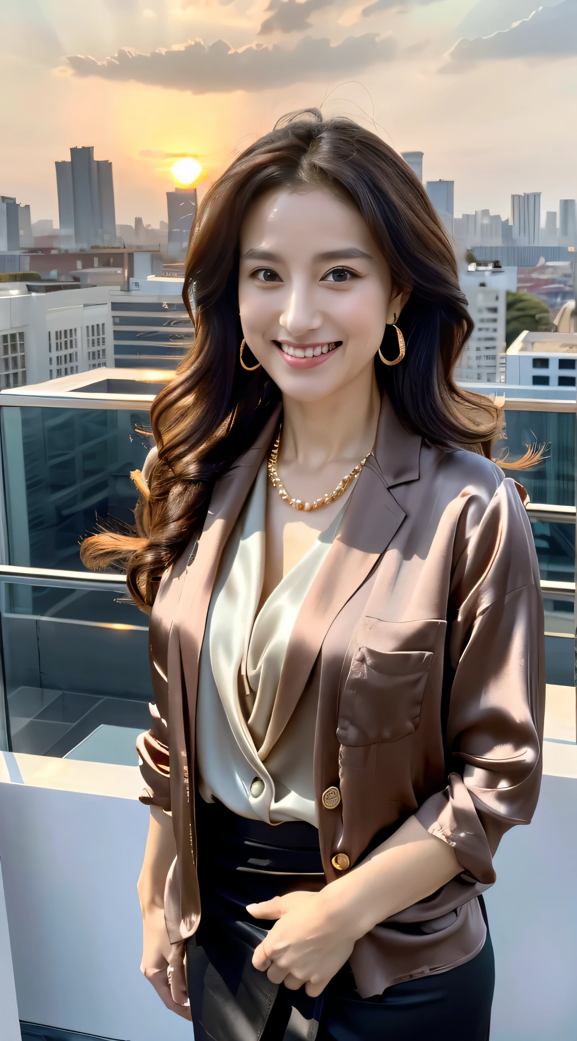 Ulchan-6500-v1.1, (Raw photo:1.2), (Photoreal), beautiful, (genuine: 1.4), very detailedな目と顔, beautiful and fine eyes, standing in the office、huge file size, High resolution, very detailed, highest quality, [masterpiece:1.6], enlightenment, very detailed, nffsw, finely, highest quality, 8k wallpaper, movie lighting, 1 milf, 43 years old, perfect body shape, cute droopy eyes beautiful big eyes、pick finger, ((table top)), highest quality, 1 milf, eye shadow, portrait, ((full body shot:1.4))、(very affectionate smile:1.2)、((Hair with loose waves inside:1.2)),((gold necklace＿Large earrings:1.2)),((shy smile:1.3)),((Super long brown hair:1.2))　((Office Lady,Black Office Blazer,luxurious silk blouse,Office Skirt:1.3)), ,((standing on a windswept rooftop during sunset, overlooking a cityscape:1.3)),