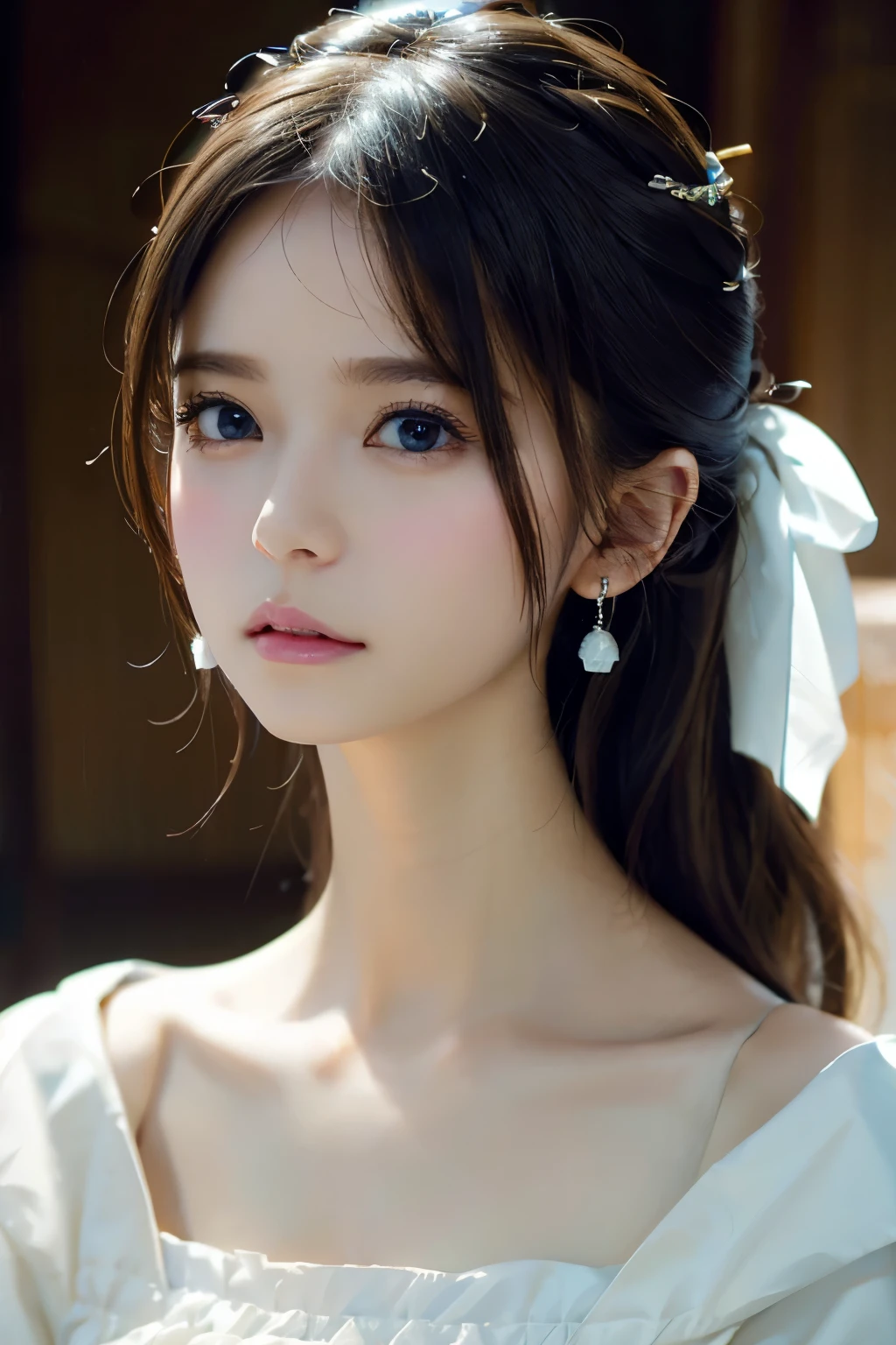 Image from the chest up:1.6)、Close-up portrait of a woman wearing white off-shoulder top dress and earrings, soft portrait shot 8k, nice delicate face, High quality 4K portraits, high quality portrait, soft and perfect pale skin, 8K highly detailed face, なbeautiful繊細な顔, beautiful光の大きな目, beautiful and realistic face, beautiful14old woman, beautiful and realistic face, cute14old woman