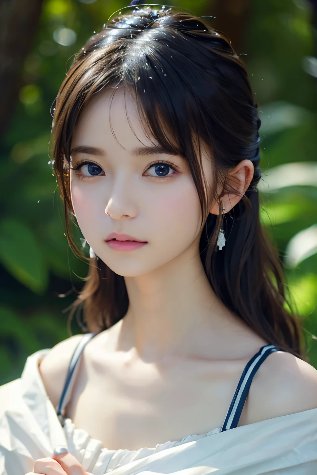 Image from the chest up:1.6)、Close-up portrait of a woman wearing white off-shoulder top dress and earrings, soft portrait shot 8k, nice delicate face, High quality 4K portraits, high quality portrait, soft and perfect pale skin, 8K highly detailed face, なbeautiful繊細な顔, beautiful光の大きな目, beautiful and realistic face, beautiful14old woman, beautiful and realistic face, cute14old woman