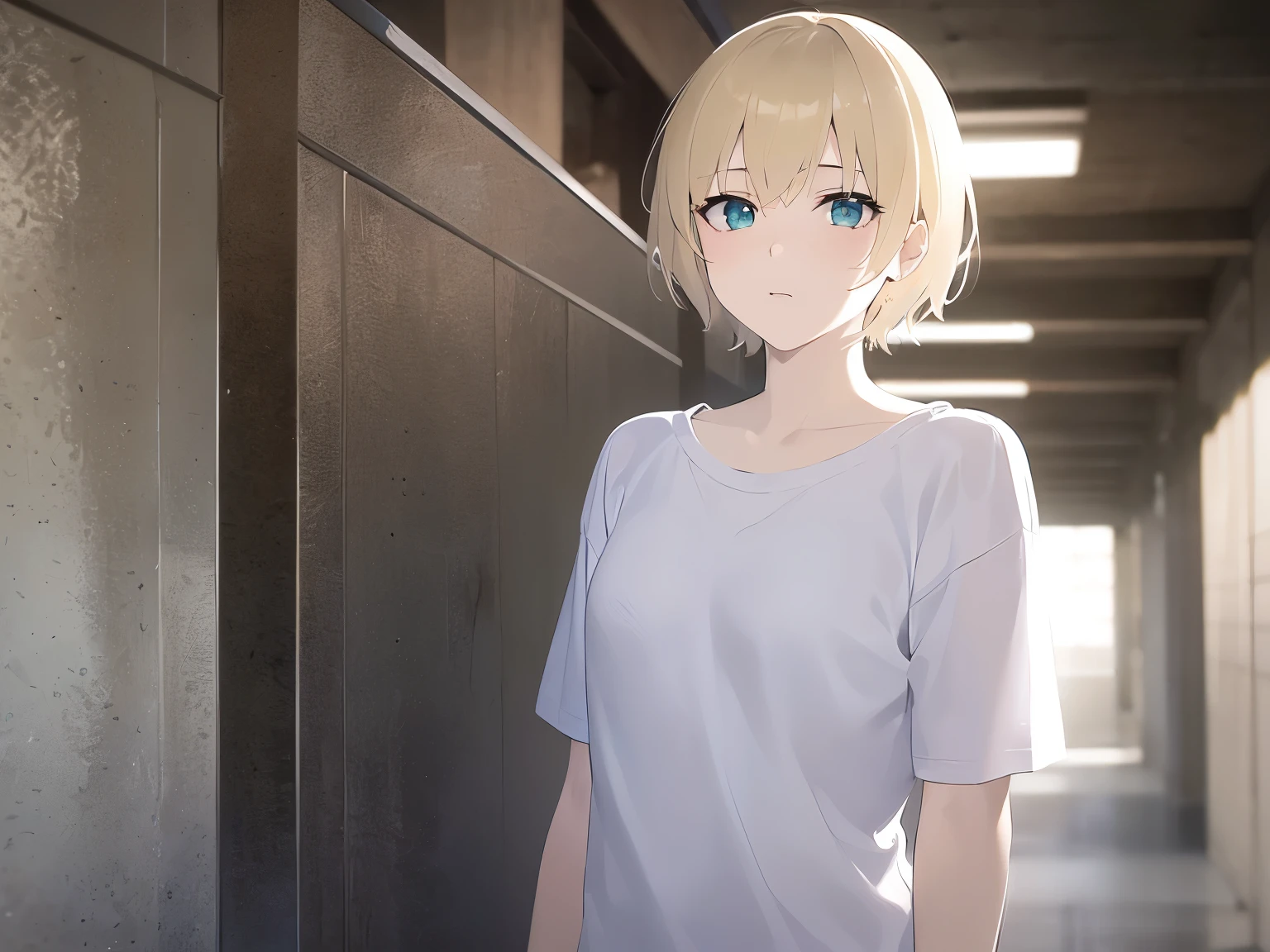 masterpiece, best quality, 1boy, solo, mature male, straight hair, short hair, blonde hair, beard, blue eyes, white t-shirt, black pants, hands in pockets, outdoors