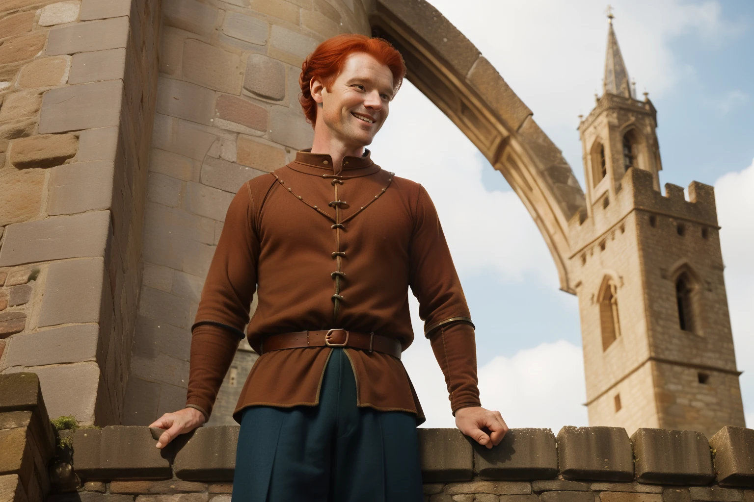 England, 1361. ((Wide shot)), ((((45-year-old)) Merthin Fitzgerald)), handsome, athletic, on top of a bell tower, balcony, looking down, with ((Caris Wooler)), smile. ((((clothings from the 1360s)))), ((redhead hairstyle of the 1360s))