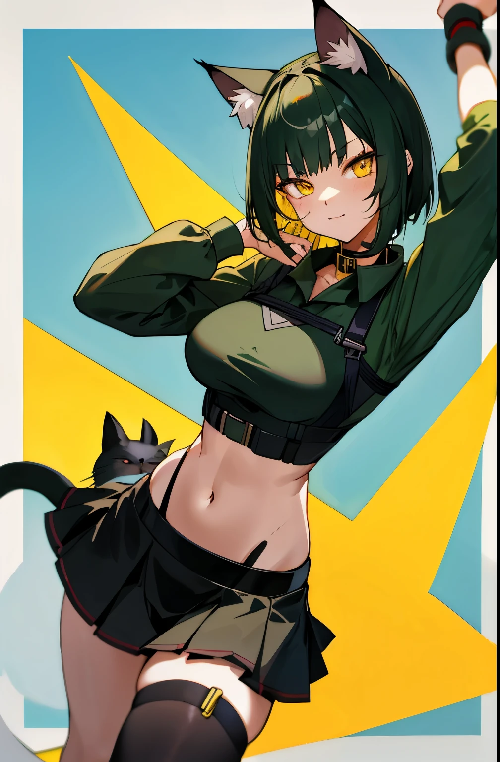 Girl, short dark green hair, yellow eyes, cat ears, cat tail, cat collar, big breasts, slim waist, tempting, short skirt, cat eyes, bikini, combat clothing