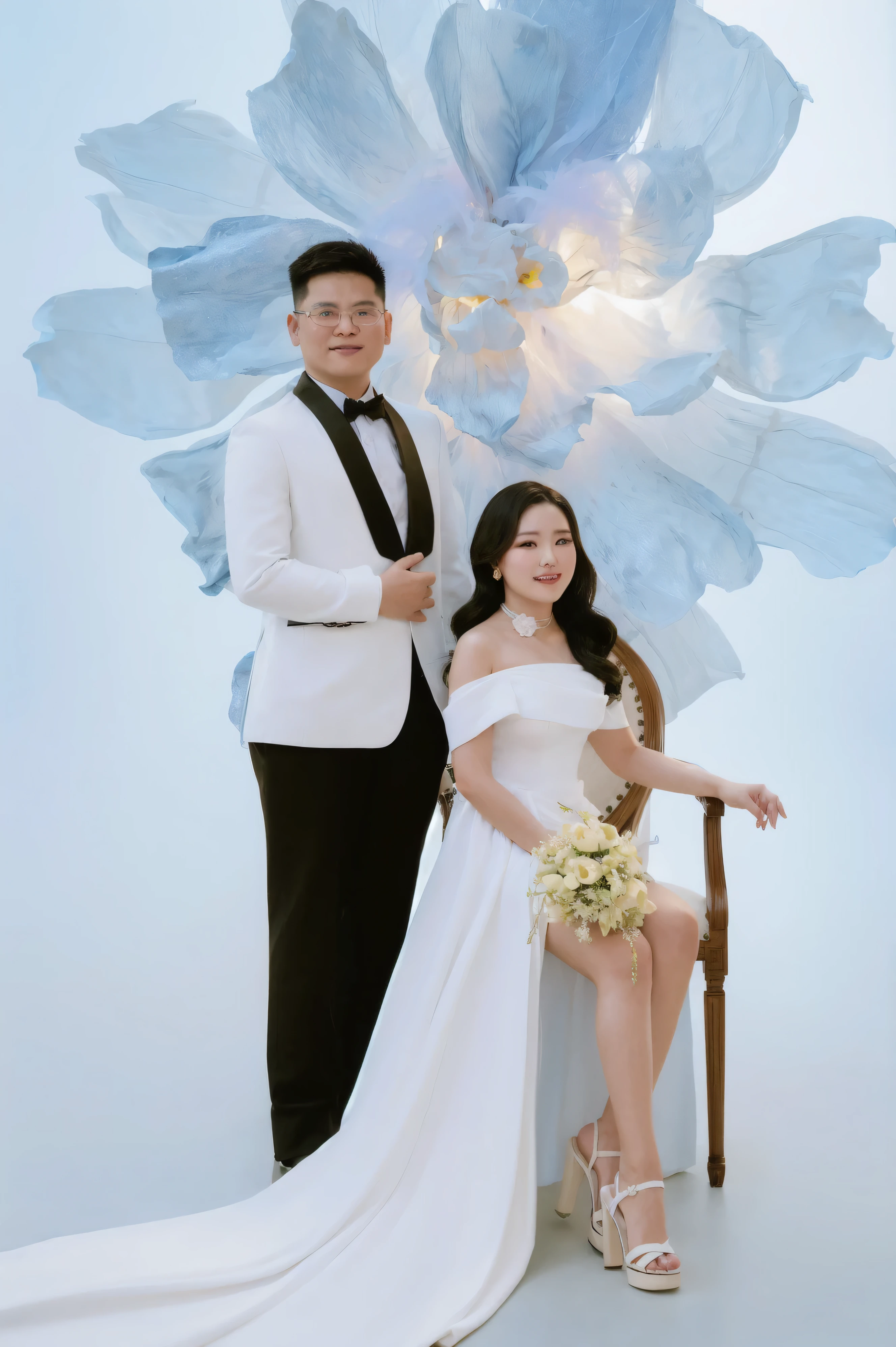 Best quality, masterpiece, ultra high res, (photorealistic:1.4), raw photo.
arafed woman in a white dress with a large blue flower, wearing organza gown, inspired by Zhang Yin, inspired by Sim Sa-jeong, a still of an ethereal, inspired by Huang Ji, inspired by Xie Sun, with frozen flowers around her, inspired by Jeong Seon, inspired by Tang Yifen, queen of the sea mu yanling, flowing gown