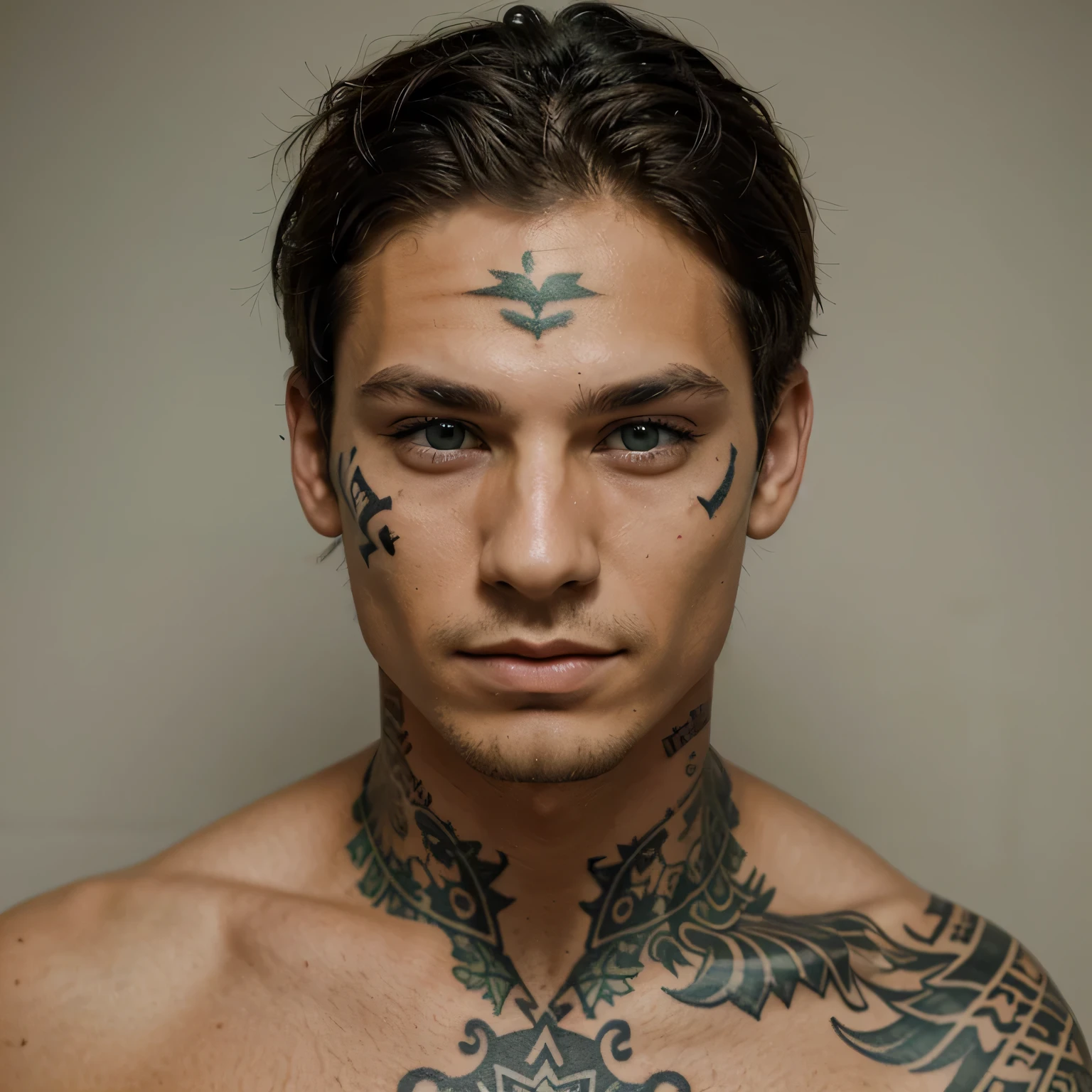 Boy with face tattoo , green eyes , tan skin 