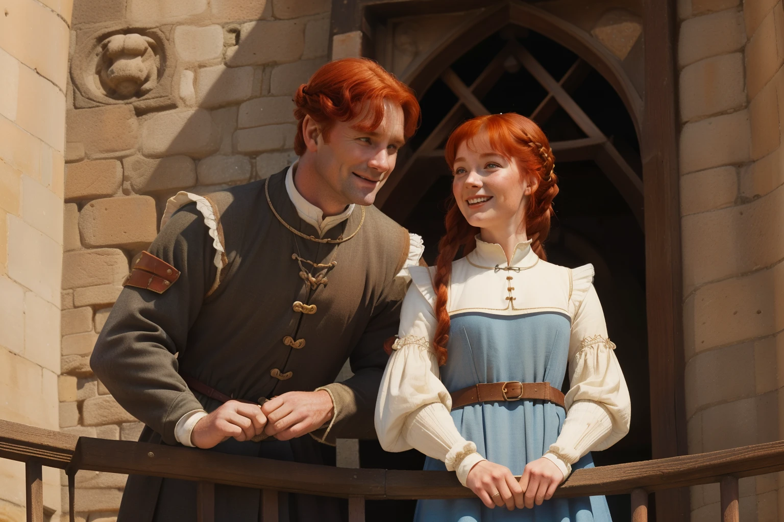 England, 1361. ((Wide shot)), ((((45-year-old)) Merthin Fitzgerald)), handsome, athletic, with ((Caris Wooler)), on top of a bell tower, ((balcony)), looking down, smile. ((((clothings from the 1360s)))), ((redhead hairstyle of the 1360s))