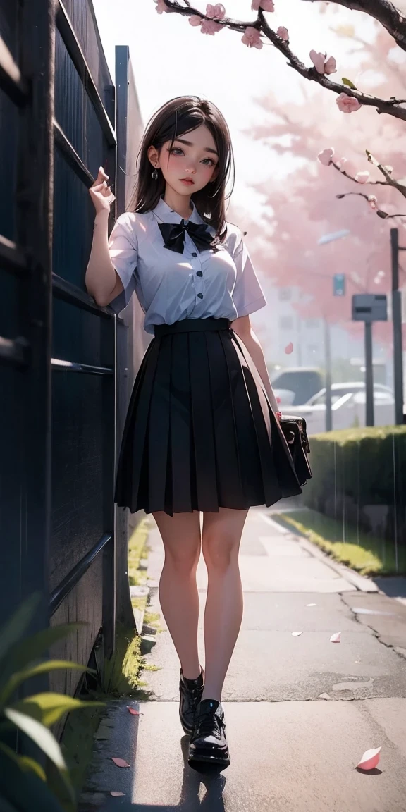 1girl, black skirt, branch, building, chain-link fence, cherry blossoms, fence, long hair, outdoors, petals, pleated skirt, rain, shirt, short sleeves, skirt, solo, standing, tree, sky,street