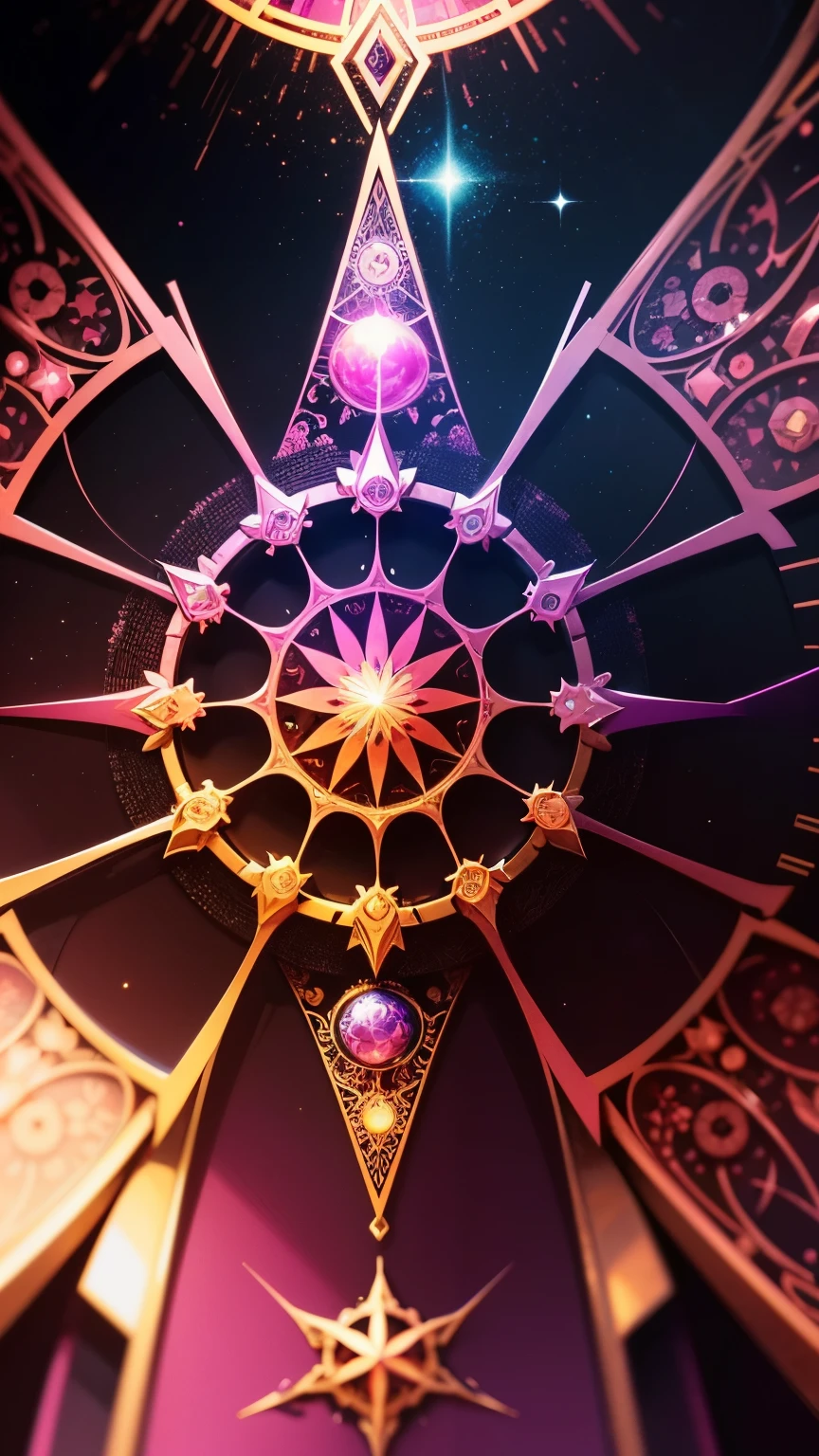 quality, super fine, 16k, incredibly absurdres, extremely detailed, kaleidoscope of (Cyberpunk:0.3), steampunk, dieselpunk, and clockpunk, beautiful God of Creation AND beautiful God of Destruction are depicted in the center of the kaleidoscope made of hot pink and sparkling gold plated and sparking silver plating, blend art, mixture art, fractal art, zentangle art, design art, versatile visual style that combines various artistic elements, including sparkling iridescent pastels and vibrant colors