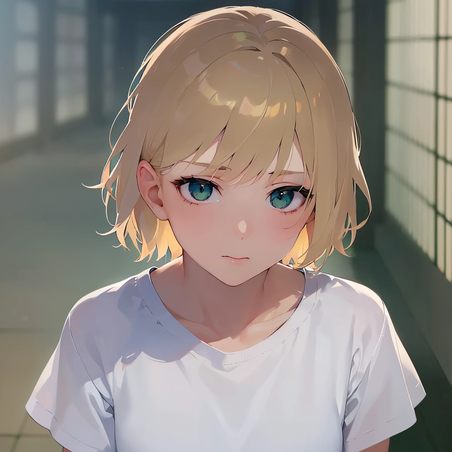 looking up, shooting from above、cute, Upper Body, Realistic, real person, (pale skin: 1.2), RAW photo, photorealistic, portrait photography, shiny skin, japanese idol、shiny hair、japanese, (25 year old man with blonde bangs) and (green eyes) and (very short hair:1.5), wearing a plain white T-shirt、(embarrassed:1.3)、Background is a school hallway、Alone