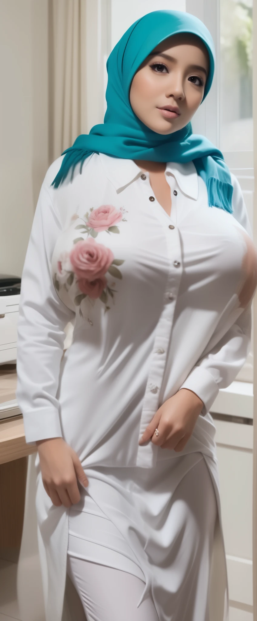 (NSFW,highres:1.2),mirafilzah,perfect body shape, slim waist, curvy hourglass figure, full body picture, skinny waist and thick hips,full body view,big ,wearing tight dress,beautiful detailed eyes,long eyelashes,natural makeup,soft smile,she has a jiggly fat round belly,vivid colors,studio lighting,physically-based rendering,digital artwork,bokeh