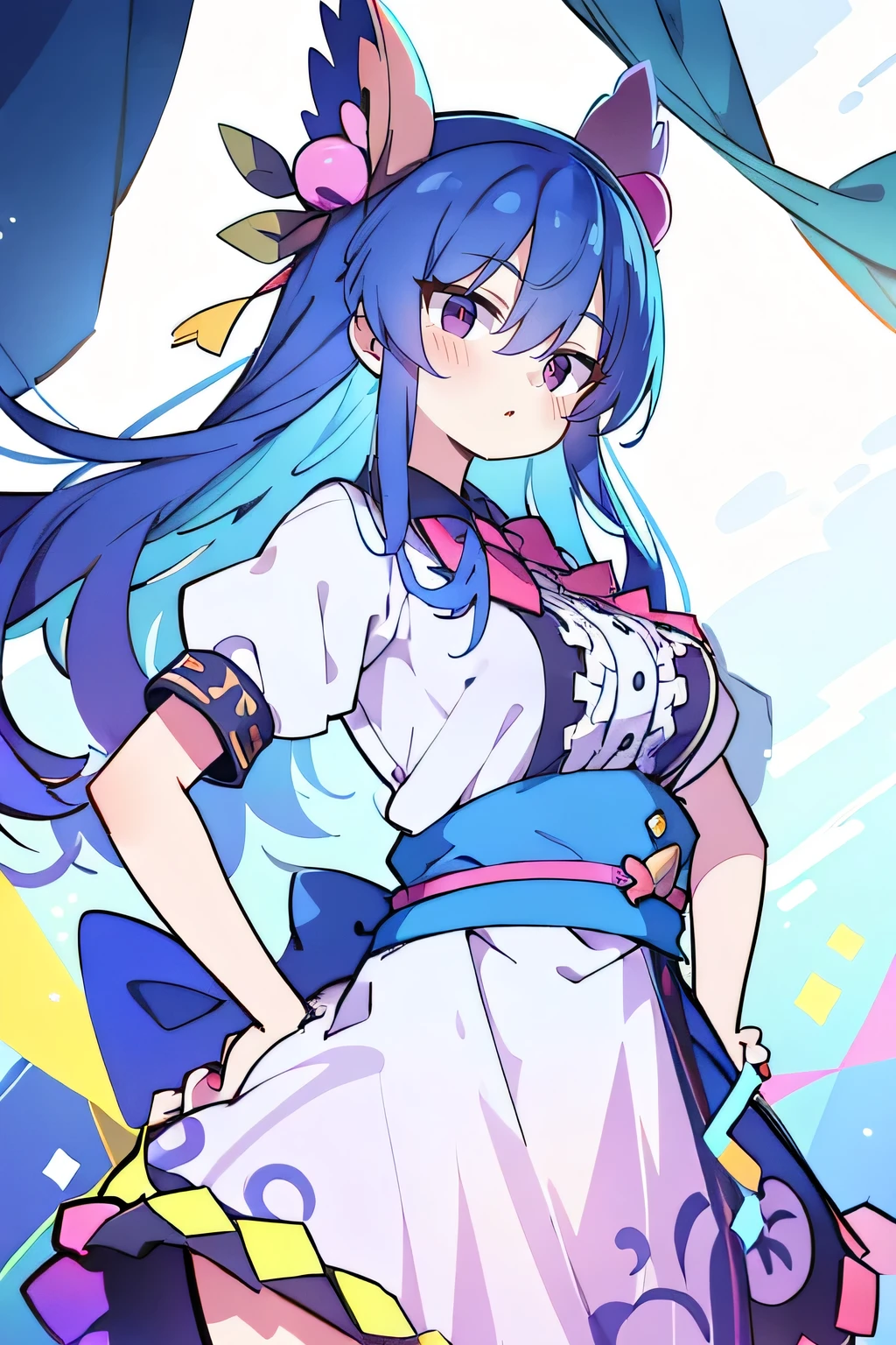 (masterpiece),best quality, expressive eyes, perfect face, 1girl,
Big breasts, H cup, Good breasts, Put your hands on your waist,fair, Gorgeous,Japanese cartoons,girl,lola,Hina Angel, blue hair, blue haired,tent , tent chest, tent breast, floating clothes,Grab your waist, Grab your waist, hands on hips , hands on hips