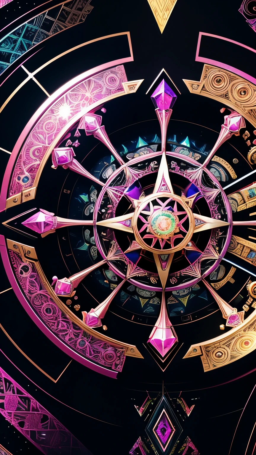 quality, super fine, 16k, incredibly absurdres, extremely detailed, kaleidoscope of (Cyberpunk:0.3), steampunk, dieselpunk, and clockpunk, beautiful God of Creation AND beautiful God of Destruction are depicted in the center of the kaleidoscope made of hot pink and sparkling gold plated and sparking silver plating, blend art, mixture art, fractal art, zentangle art, design art, versatile visual style that combines various artistic elements, including sparkling iridescent pastels and vibrant colors