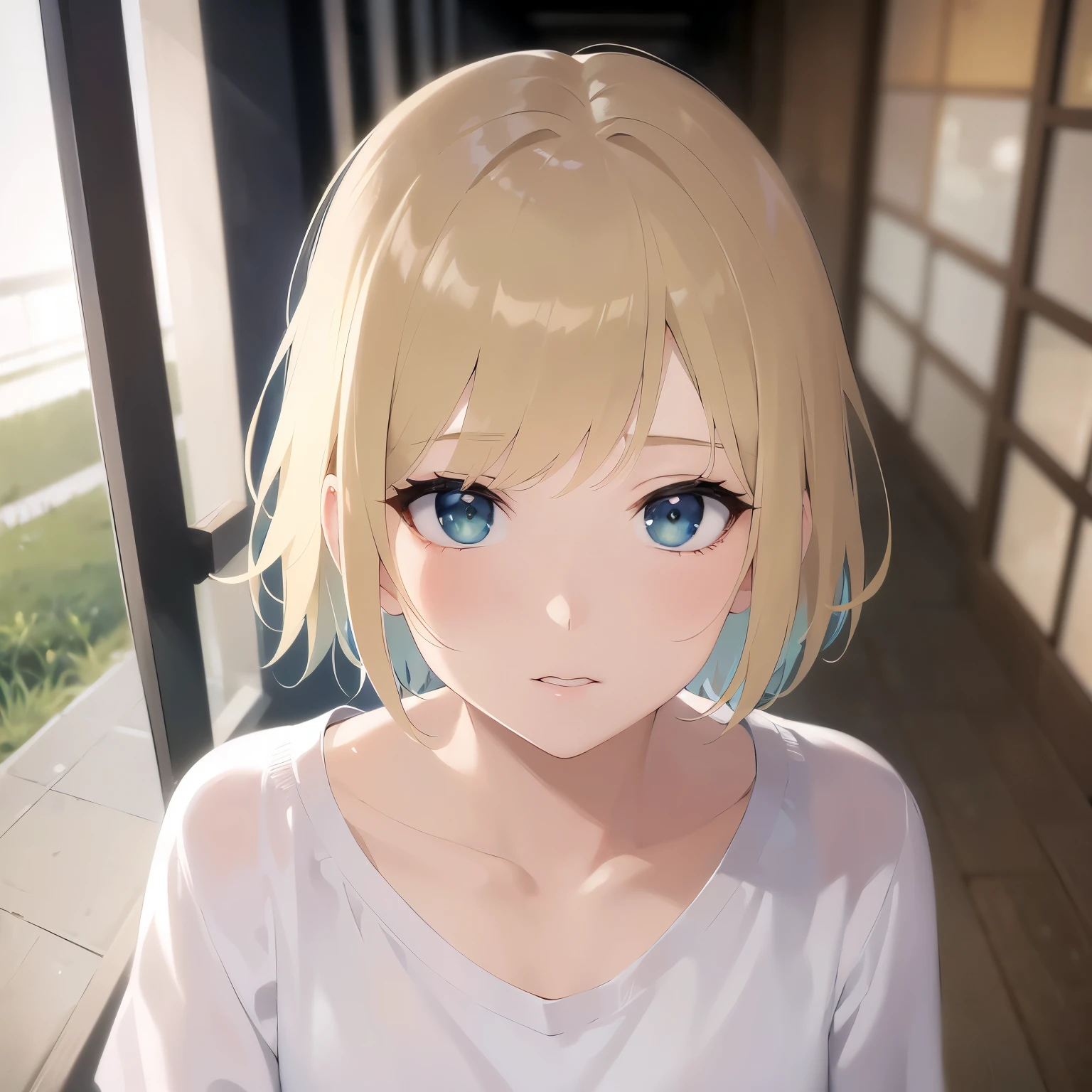 looking up, shooting from above、cute, Upper Body, Realistic, real person, (pale skin: 1.2), RAW photo, photorealistic, portrait photography, shiny skin, japanese idol、shiny hair、japanese, (25 year old man with blonde bangs) and (green eyes) and (very short hair:1.5), wearing a plain white T-shirt、embarrassed、Background is a school hallway、Alone