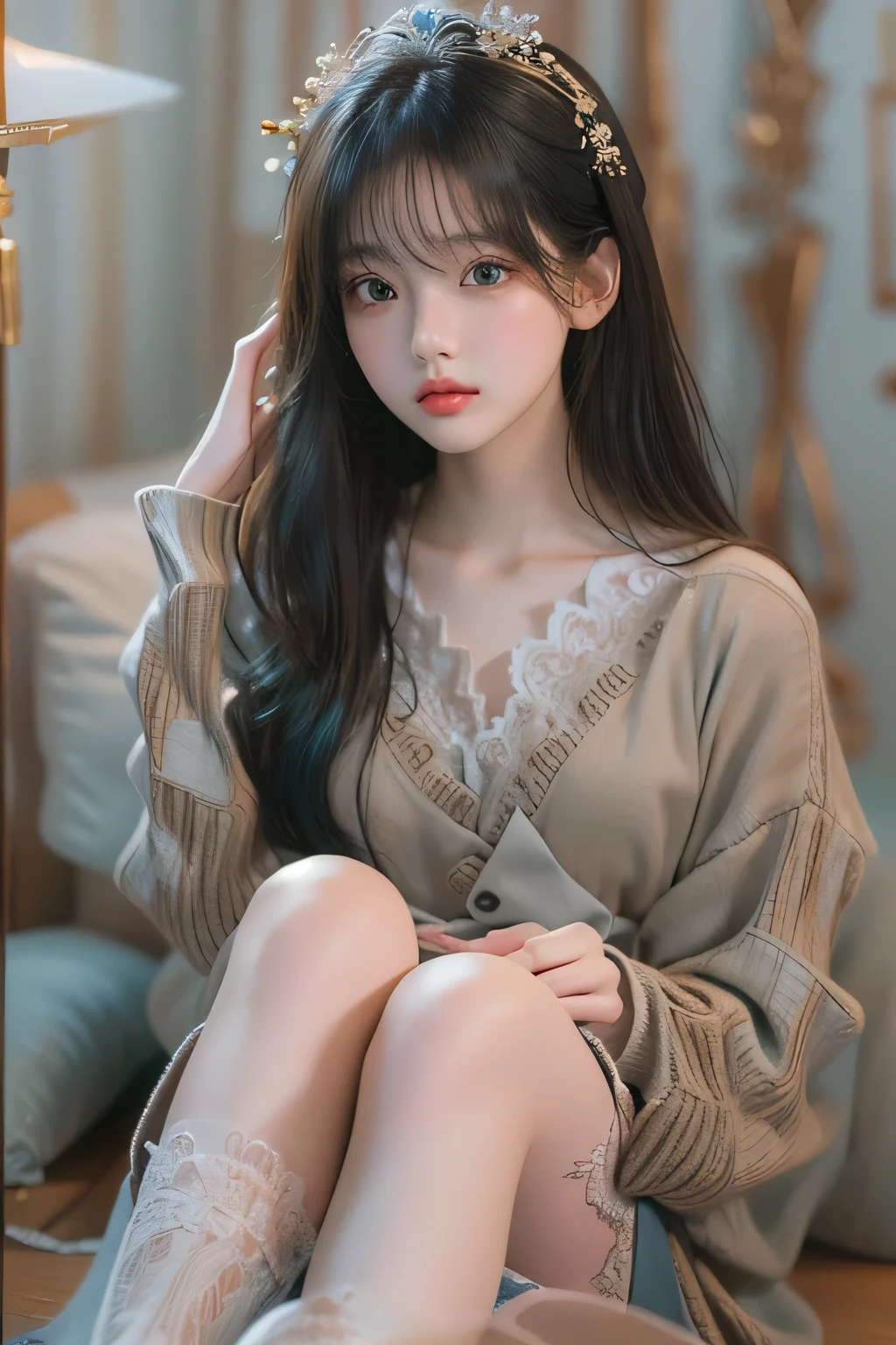 (highest qualityのdetailed)、realistic、8k uh、High resolution、(1 girl:1.2)、The Super detailed、high quality texture、intricate details、detailed、Very detailed CG、shadow of high quality、detailed beautiful and delicate face、Beautiful details and delicate eyes、Depth of the bounds written、ray tracing、20&#39;s、cute kpop girl、(Korean Ulsan Face)、narrow side、(ulzzang -6500-V1.1:0.6)、Pueros face_V1、glow eye、perfect body、 look at viewer、(highest qualityのdetailed:1.2)、realistic、8k uh、High resolution、(1 girl:1.2)、The Super detailed、high quality texture、intricate details、detailed、Very detailed CG、shadow of high quality、detailed beautiful and delicate face、Beautiful details and delicate eyes、Depth of the bounds written、ray tracing、20&#39;s、cute kpop girl、(Korean Ulsan Face)、narrow side、(ulzzang -6500-V1.1:0.6)、cheek、glossy lips、、High level image quality, best image quality, highest quality, Photoreal, Super detailed, Realistic Photos, 4K 8k uh Full Color RAW Photos, fujifilm(medium format), hasselblad, carl zeiss, Incredible dynamic range photography(utility_art：Smoose-768:1.1),High resolution, High pixel count, clear detailed, clear image, natural color reproduction, noise reduction, high fidelity, quality, Software improvements, upscaling, Optimized algorithm, professional level retouching, (jewelry/accessories)、(brown eyes)、(light blue hair), (length)、(layered hairstyles), Description Beautiful and delicate hair、(Black Gothic Lolita)、White flowers bloom all over the wall、