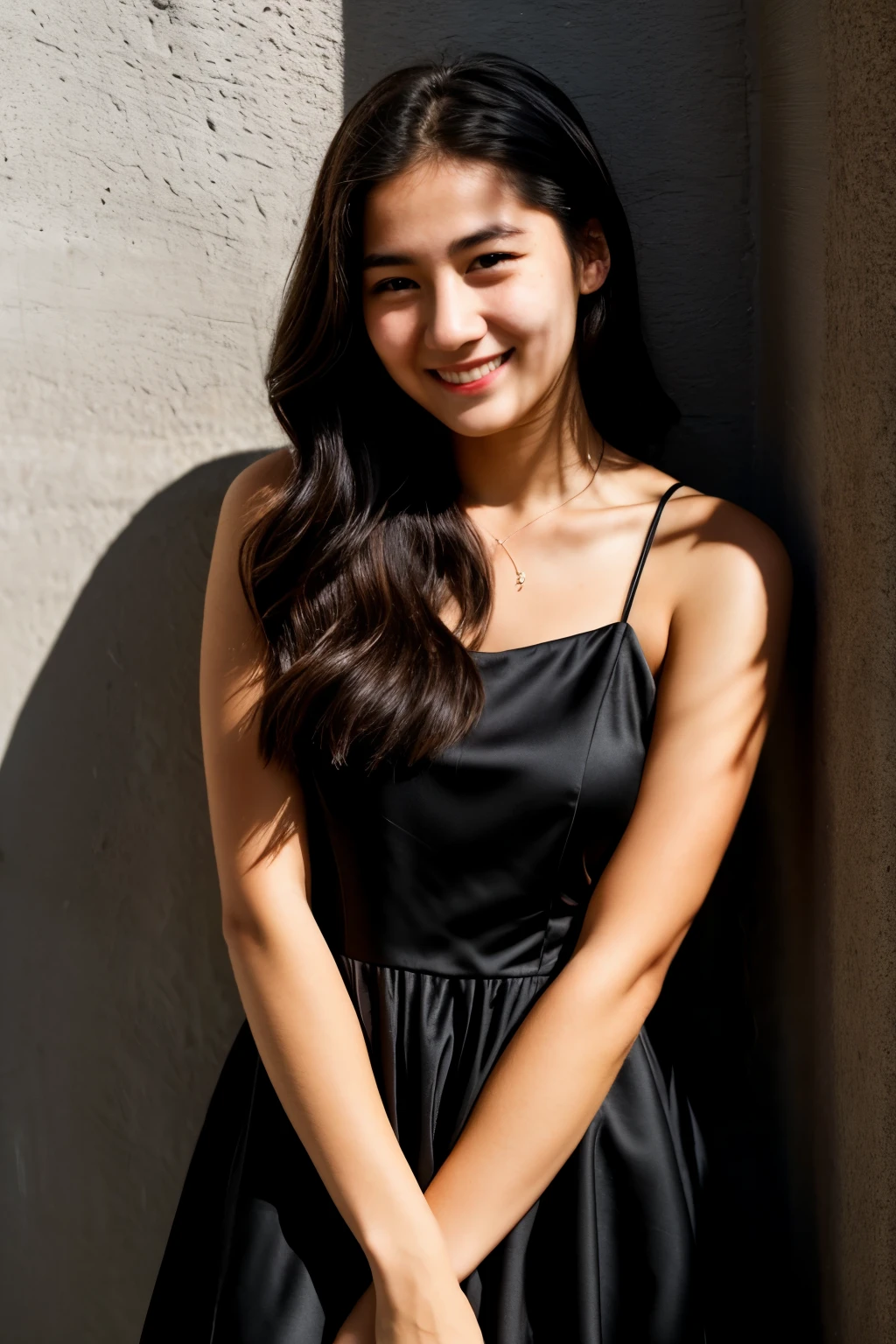 RAW photo, face portrait photo of beautiful 20 y.o woman, cute face, wearing black dress, happy face, hard shadows, cinematic shot, dramatic lighting