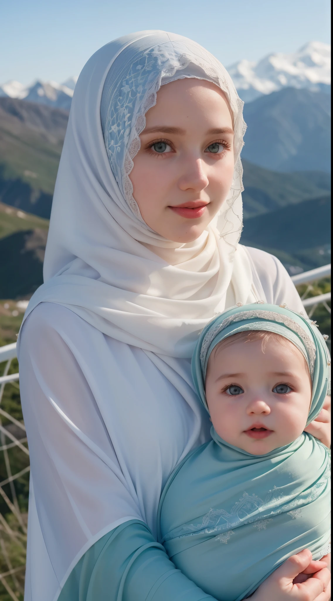 1 Girl, Beautiful, Russian , green eyes, Face, 20 Years Old, White Skin, Hijab Muslim Outfit, Top of The Mountain Background, ((wind:1.3)), Kissing, ((bokeh:1.3)), Carrying Babyl, Perfect Body Anatomy, ((adorable:1.1)), ((masterpiece:1.1)), ((bluesky:1.1))