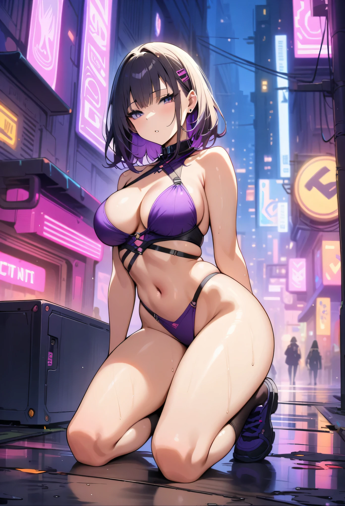 masterpiece, best quality, highres, 8k, ,medium breasts,1girl,Cyberpunk City, Street, Night, neon light, neon sign,,purple  breasts curtain, thongs,kneeling,at dawn