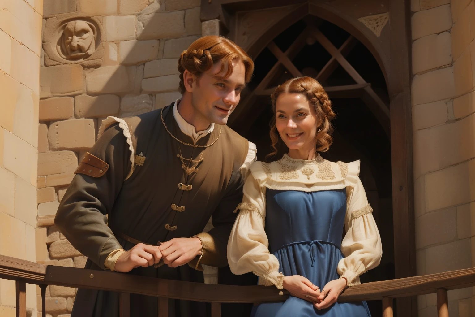 ((((44-year-old)) Caris Wooler)), attractive, expressive eyes, smile. ((((clothings from the 1360s, gown)))), ((light chestnut hairstyle of the 1360s))