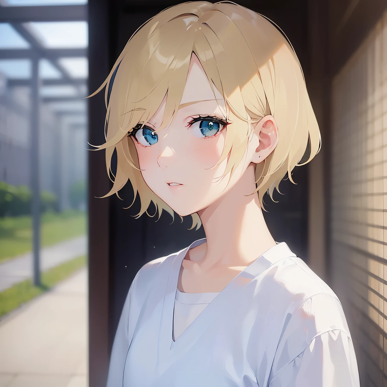 side angle, cute, Upper Body, Realistic, real person, (pale skin: 1.2), RAW photo, photorealistic, portrait photography, shiny skin, japanese idol、shiny hair、japanese, (25 year old man with blonde bangs) and (green eyes) and (very short hair:1.5), wearing a plain white T-shirt、serious expression、Background is a school hallway、Alone