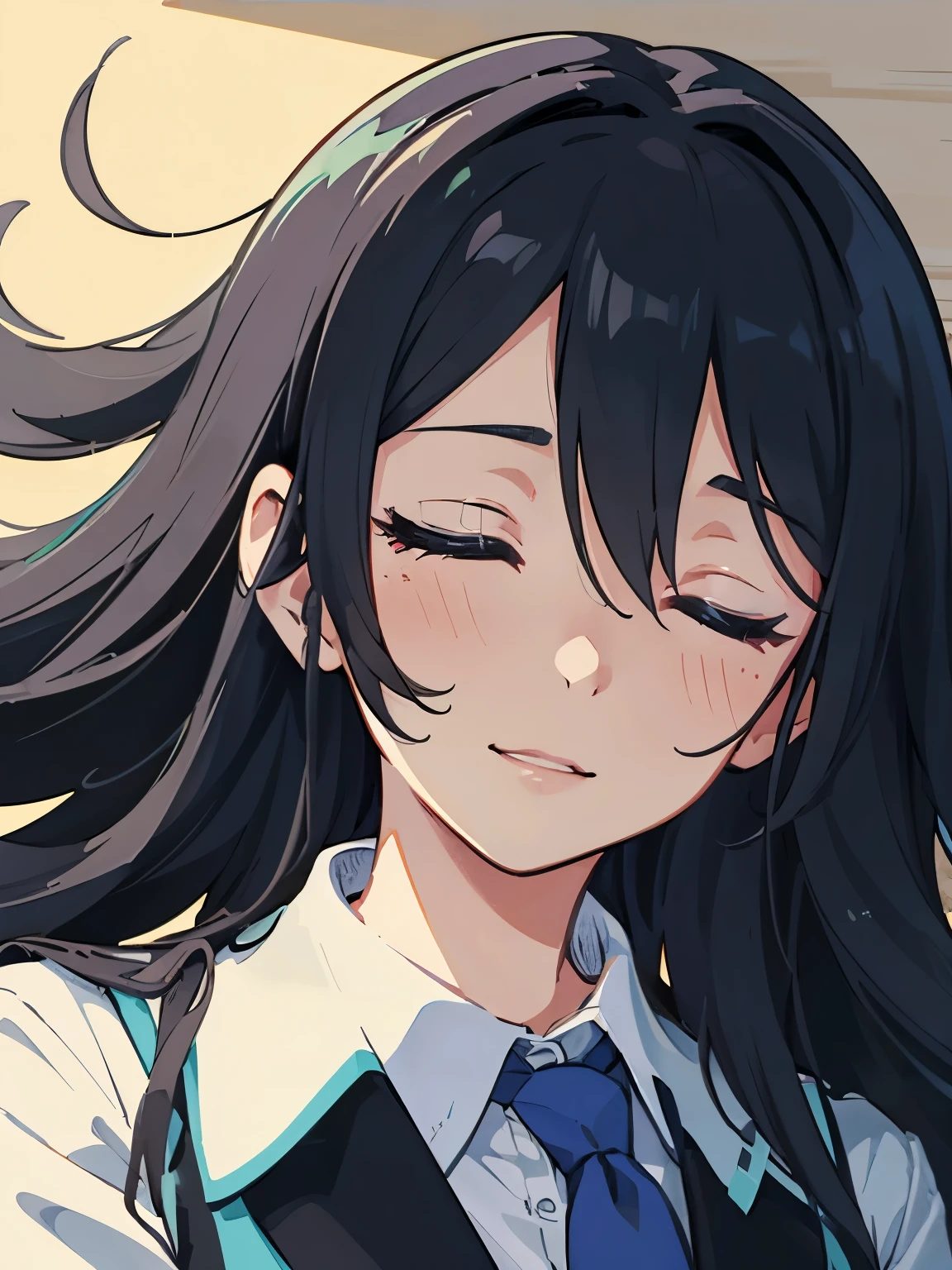 onry one woman, best quality, ultra-detailed, very long hair, wearing business suit, black hair, shiny hair, eyes closed,sleeping, wearing an archaic smile, faint lips, tranquil expression, Seems timid, flat anime-style shading, vector-shaded anime, cute natural anime face, subtle anime style, cute anime face.