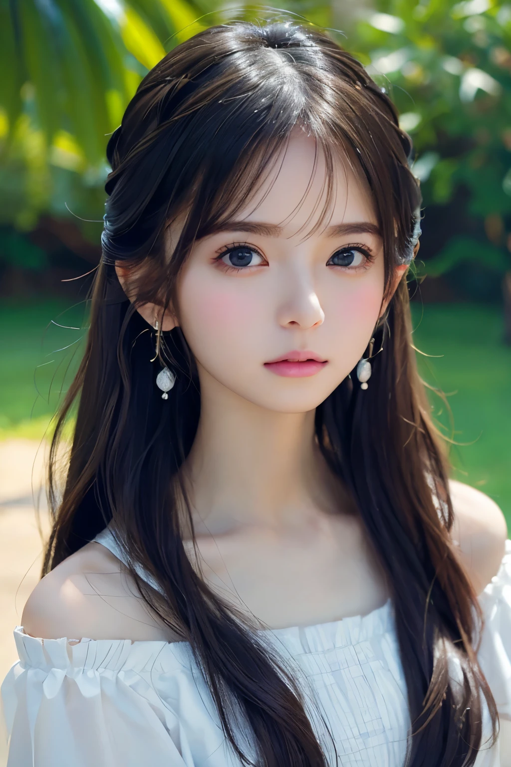 Image from the chest up:1.6)、Close-up portrait of a woman wearing white off-shoulder top dress and earrings, soft portrait shot 8k, nice delicate face, High quality 4K portraits, high quality portrait, soft and perfect pale skin, 8K highly detailed face, なbeautiful繊細な顔, beautiful光の大きな目, beautiful and realistic face, beautiful１４old woman, beautiful and realistic face, cute１４old woman