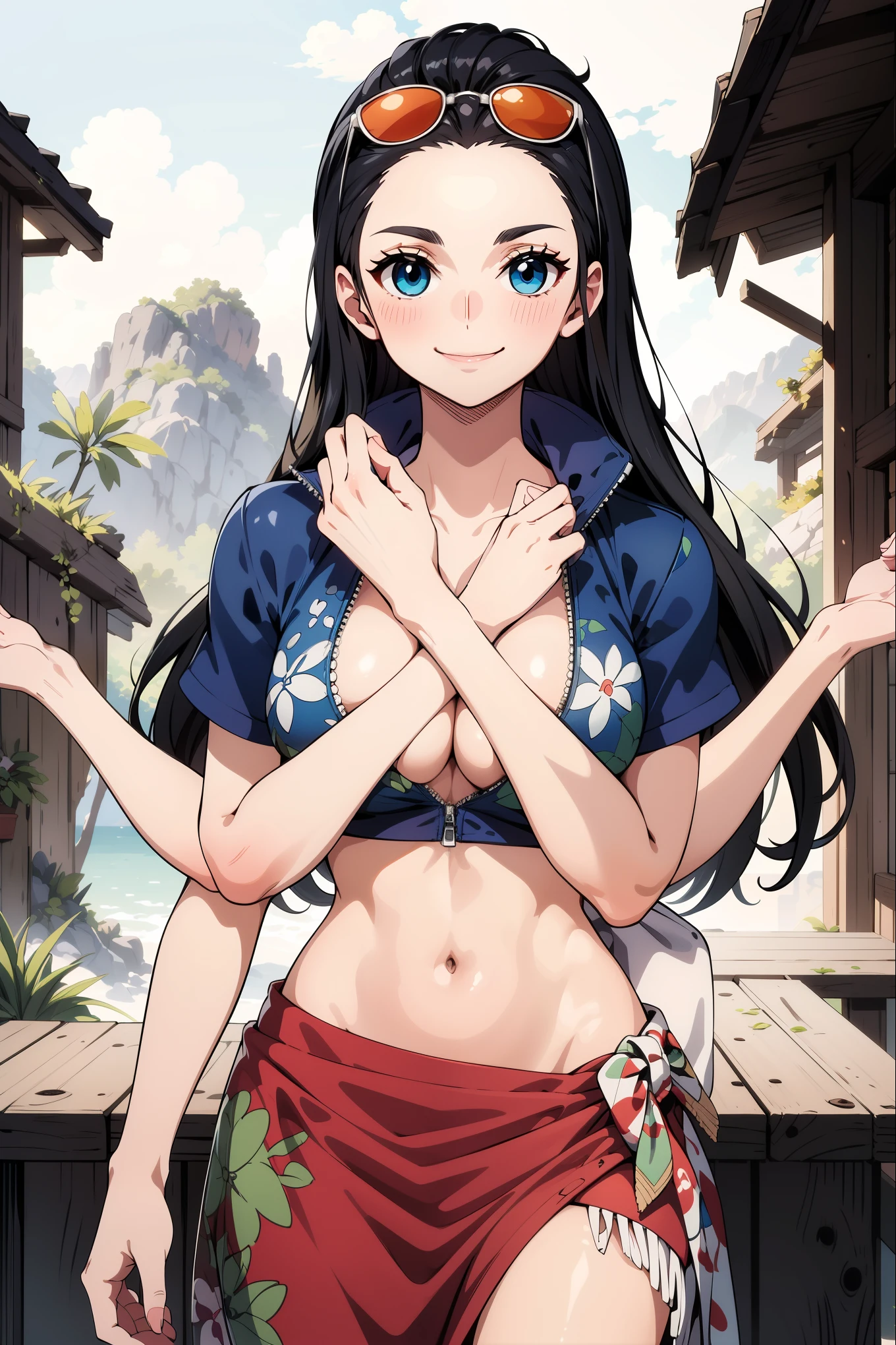 masterpiece、highest quality、high resolution、Nico Robin、long hair、black hair、slicked back hair、sunglasses on head、blue eyes、clavicle、cleavage、blue jacket、cropped jacket、crtopop Partially unzipped zipper、short sleeve、abdomen、salon、(salon:1.3), patterned salo、Are standing、cowboy shot、outdoor、smile, many arms, 3 arms