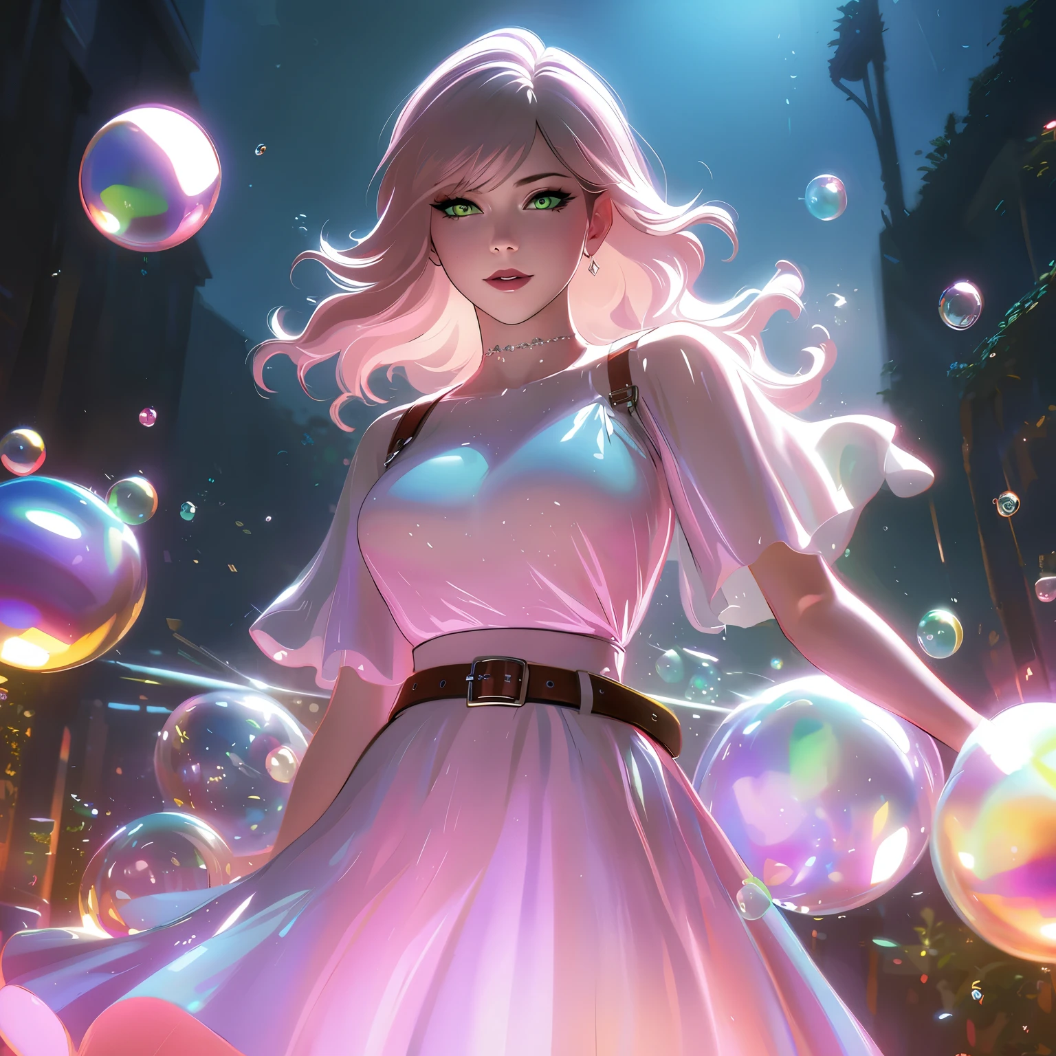 hd masterpiece, one standing woman space cadet looking at camera, detailed face, mid shot, golden suit, colorful clouds and ((neon soap bubbles)), jungles background