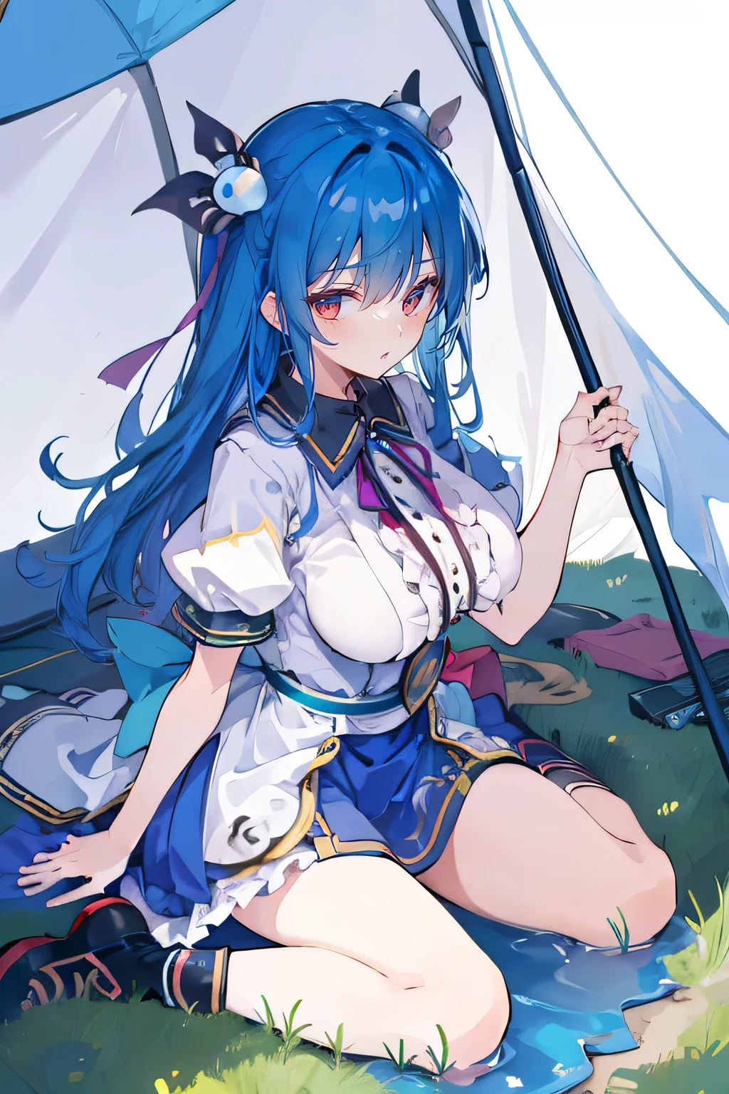 (masterpiece),best quality, expressive eyes, perfect face,sit, sit on ground, Legs on the ground, 1girl,
Big breasts, H cup, Good breasts, Put your hands on your waist,fair, Gorgeous,Japanese cartoons,girl,lola,Hina Angel, blue hair, blue haired,tent , tent chest, tent breast, floating clothes